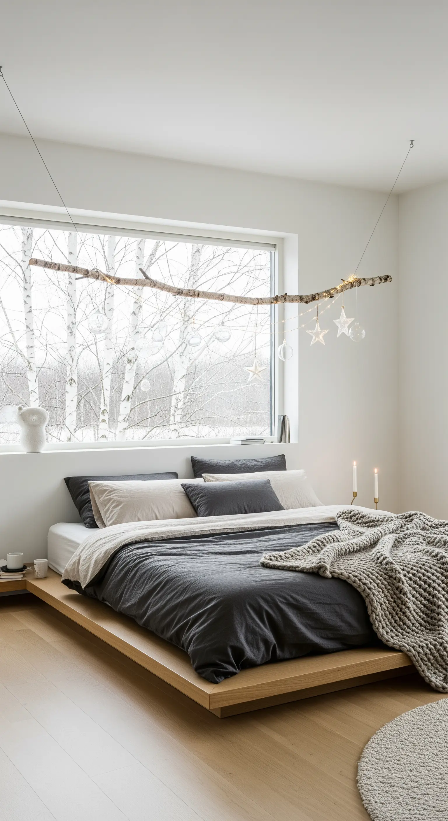 Schlafzimmer mit Birkenast-Deko über dem Bett und neutraler Bettwäsche