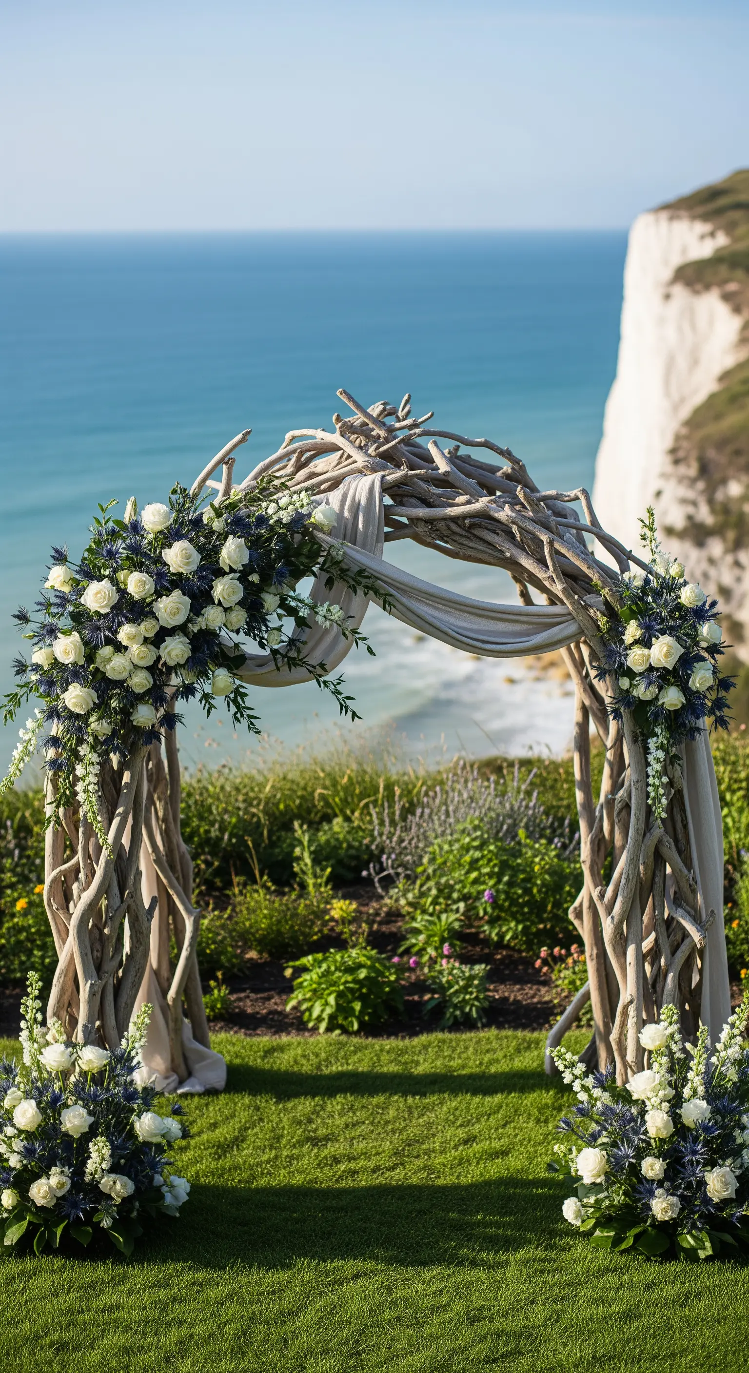 Bogen aus Treibholz, dekoriert mit weißen Rosen und blauen Disteln, mit Stoffdrapierung vor einer Meereskulisse.