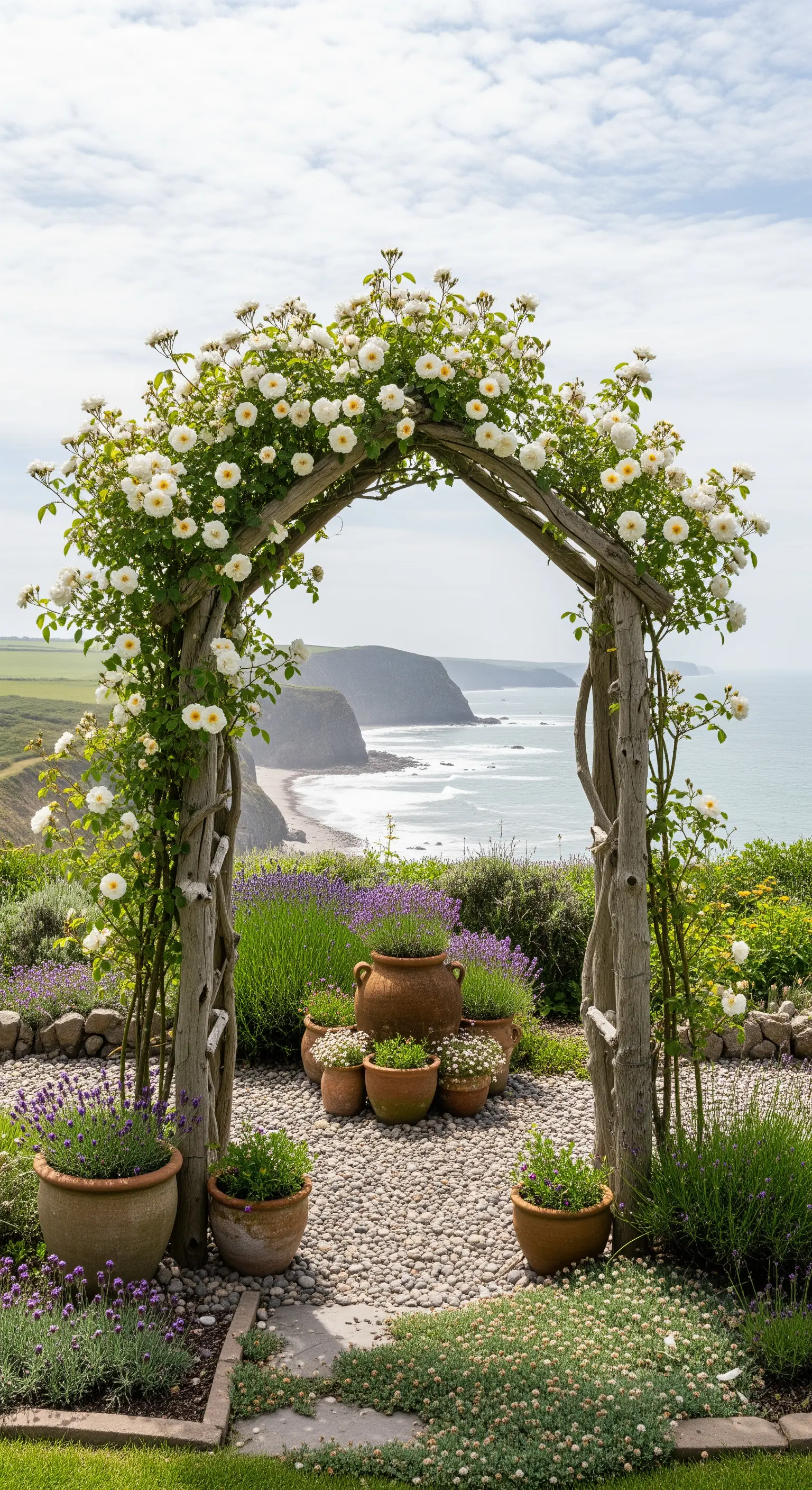 Treibholz-Bogen, weiße Rosen, Küstenblick, rustikale Gartendeko