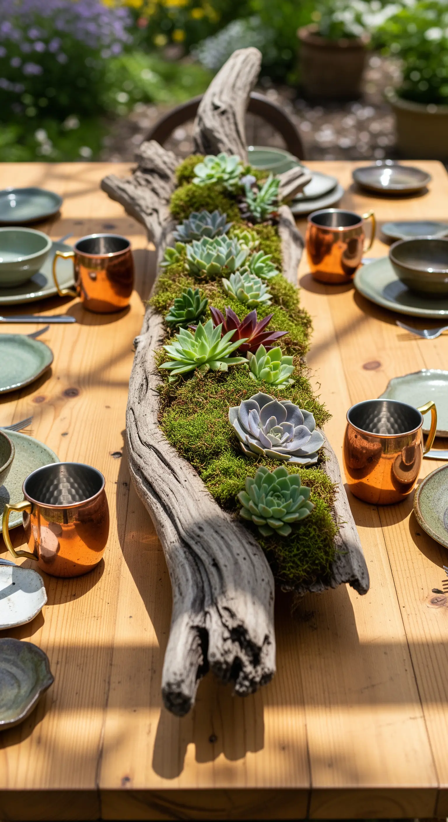 Treibholz-Centerpiece mit Sukkulenten und Moos