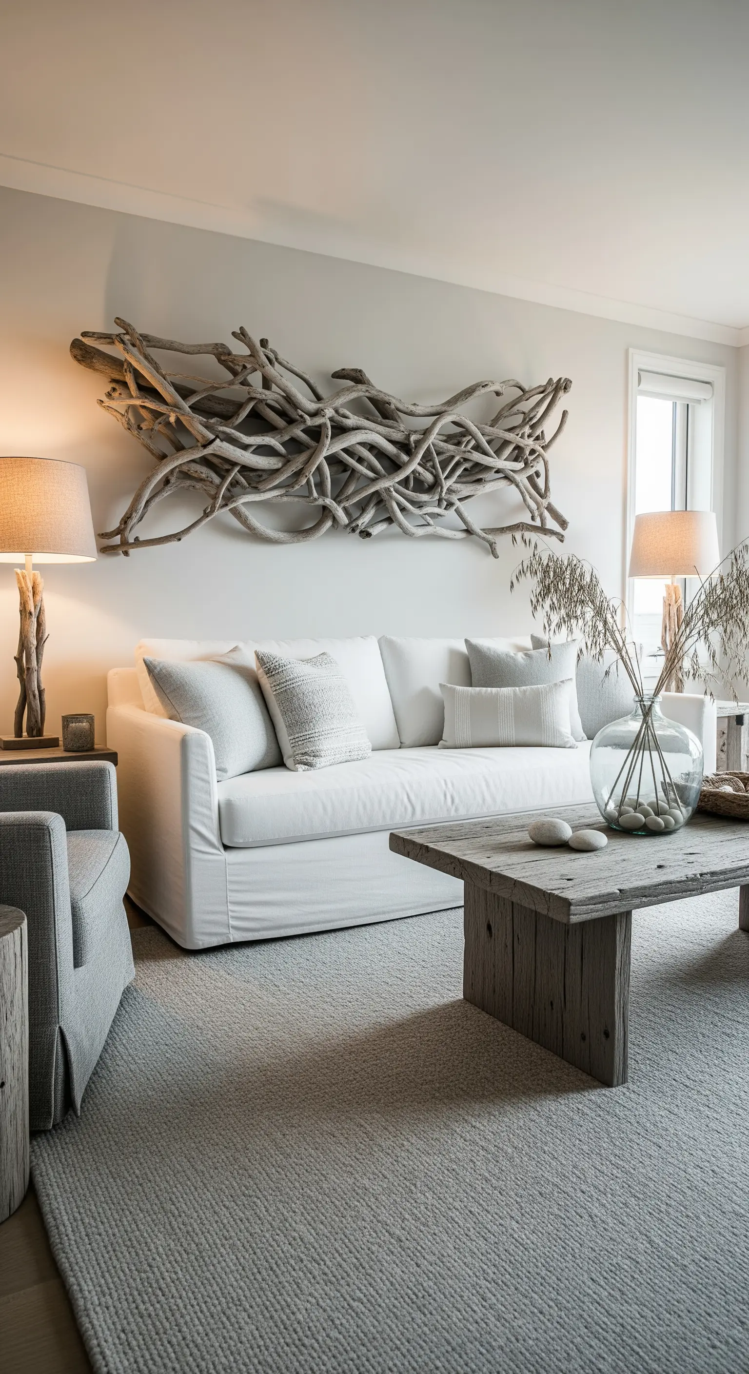 Treibholz Wandkunst, neutrales Wohnzimmer, graues Sofa, Holztisch, Stranddeko