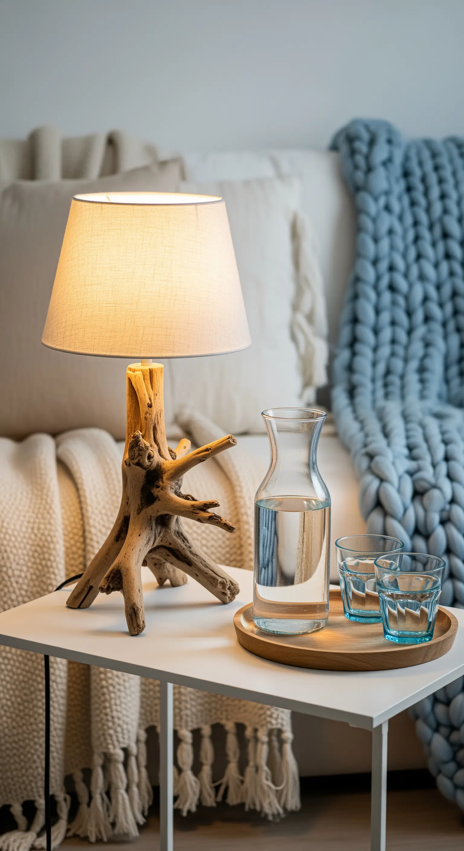 Treibholz-Tischlampe, Glaskaraffe, blaue Gläser und Strickdecke.
