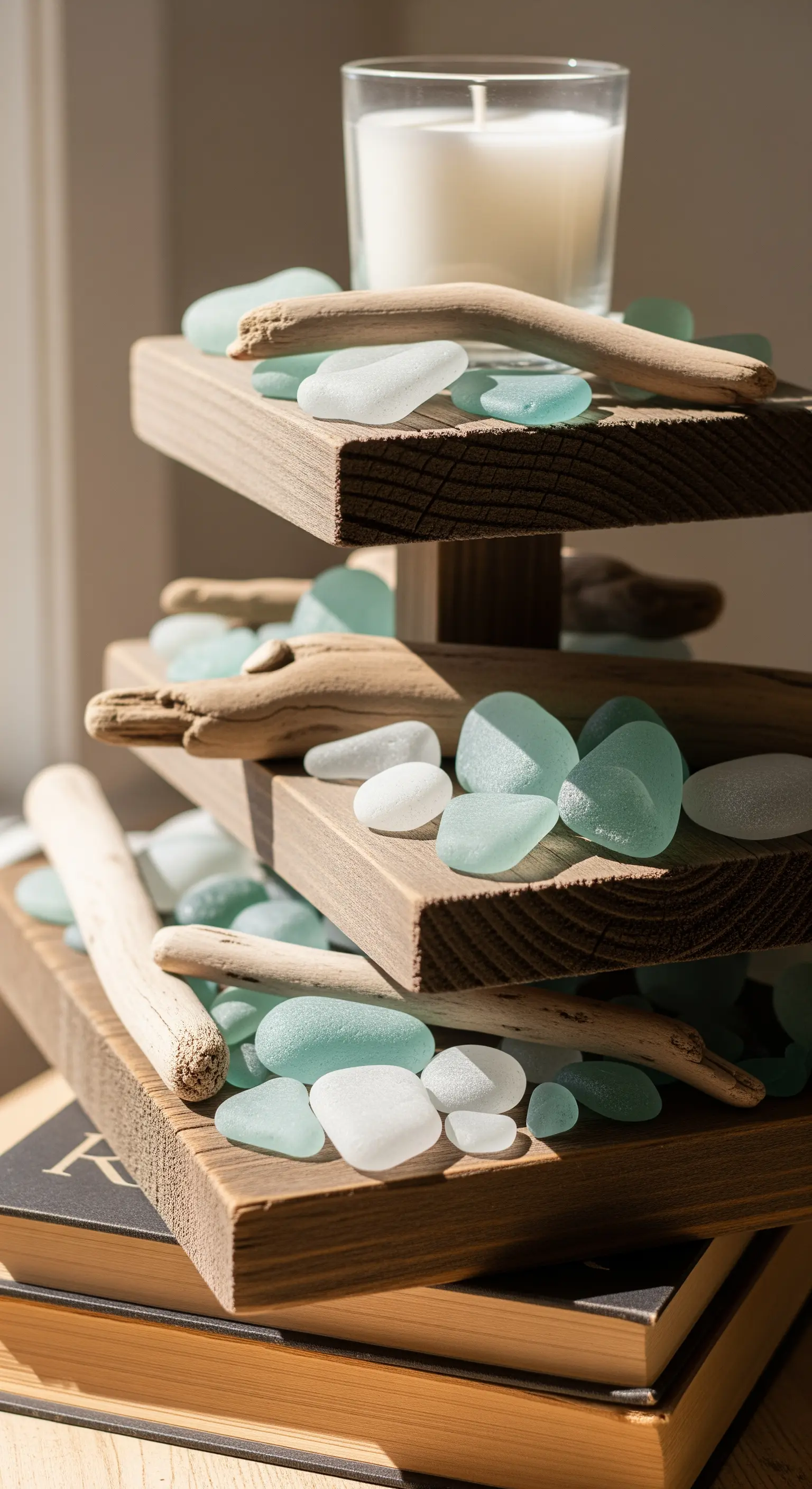 Treibholz-Etagere mit Meerglas und weißer Kerze