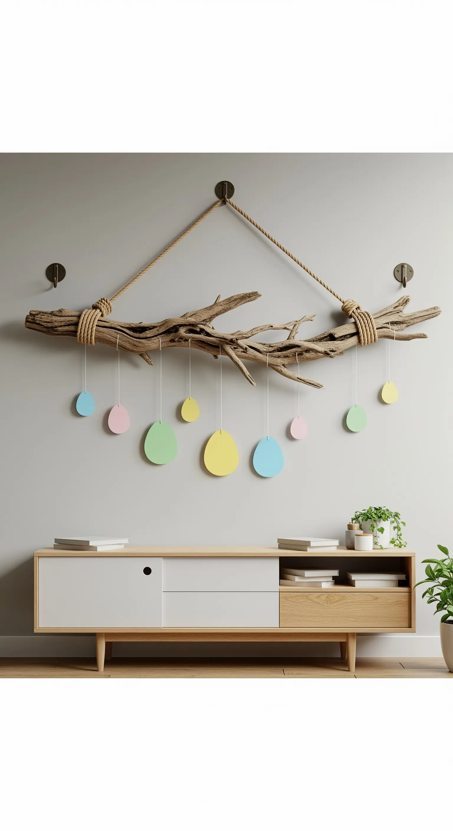 Treibholz-Wanddeko mit hängenden Pastell-Ostereiern über Sideboard