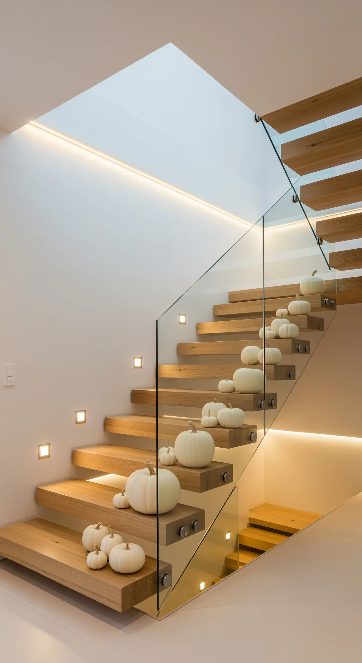 Holztreppe mit Glasgeländer und weißen Kürbissen auf den Stufen