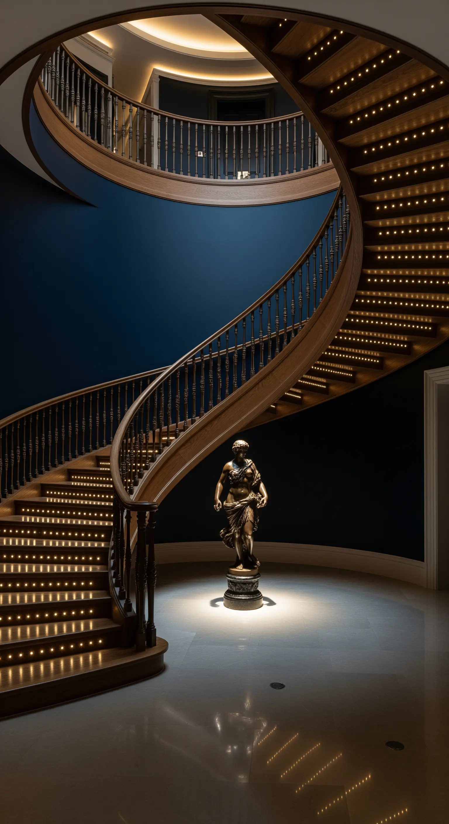 Beleuchtete Wendeltreppe mit LED-Spots auf jeder Stufe und einer Skulptur im Eingangsbereich