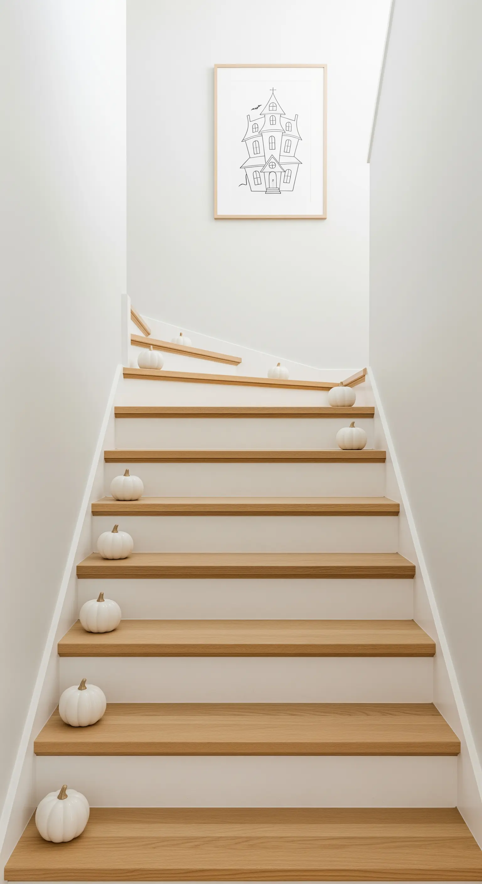 Treppe mit weißen Kürbissen auf jeder Stufe und gerahmtem Spukhaus-Bild.