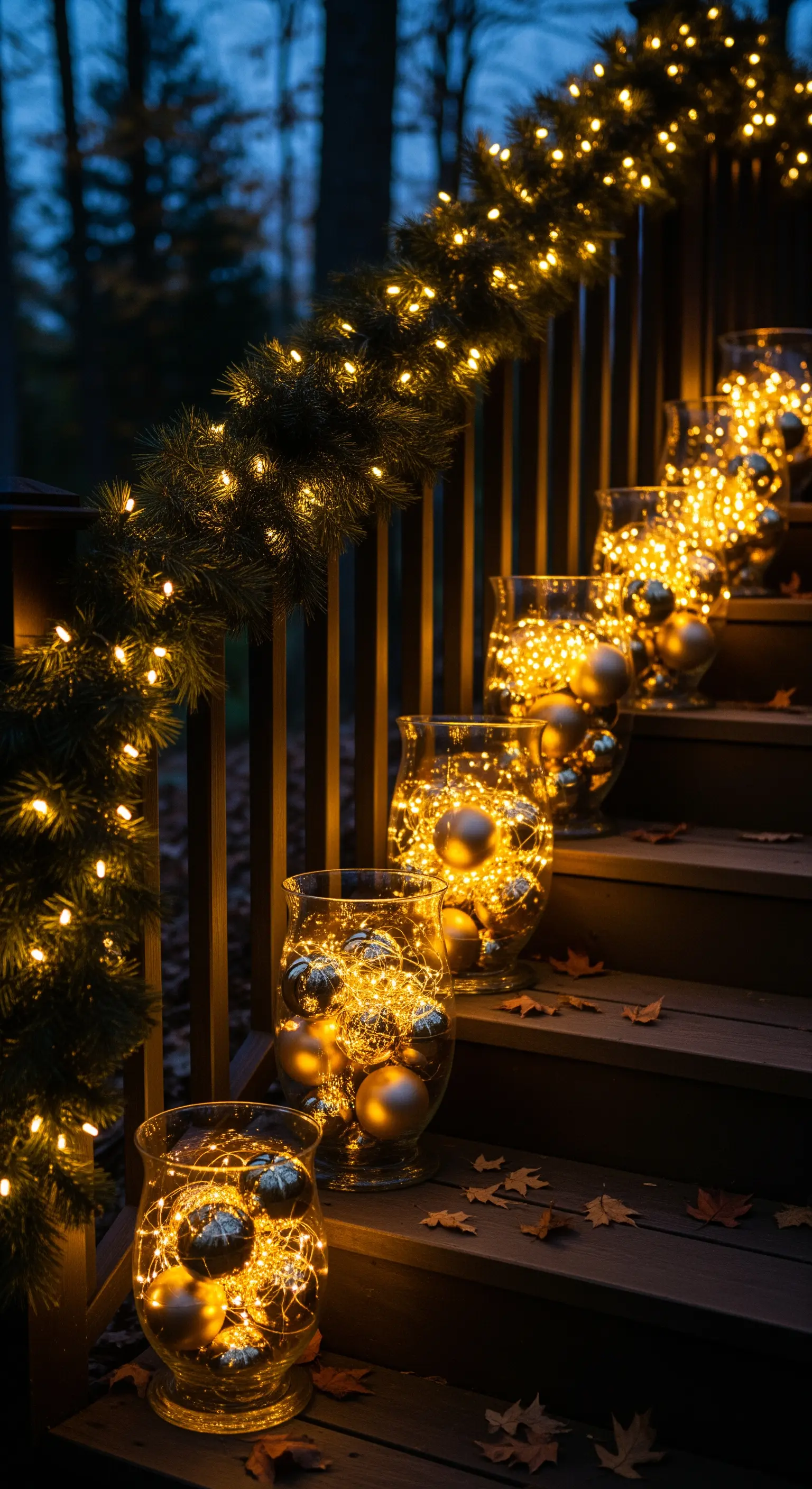 Treppenaufgang mit Tannengirlande, Lichterketten und Glasvasen mit Kugeln und Lichtern.