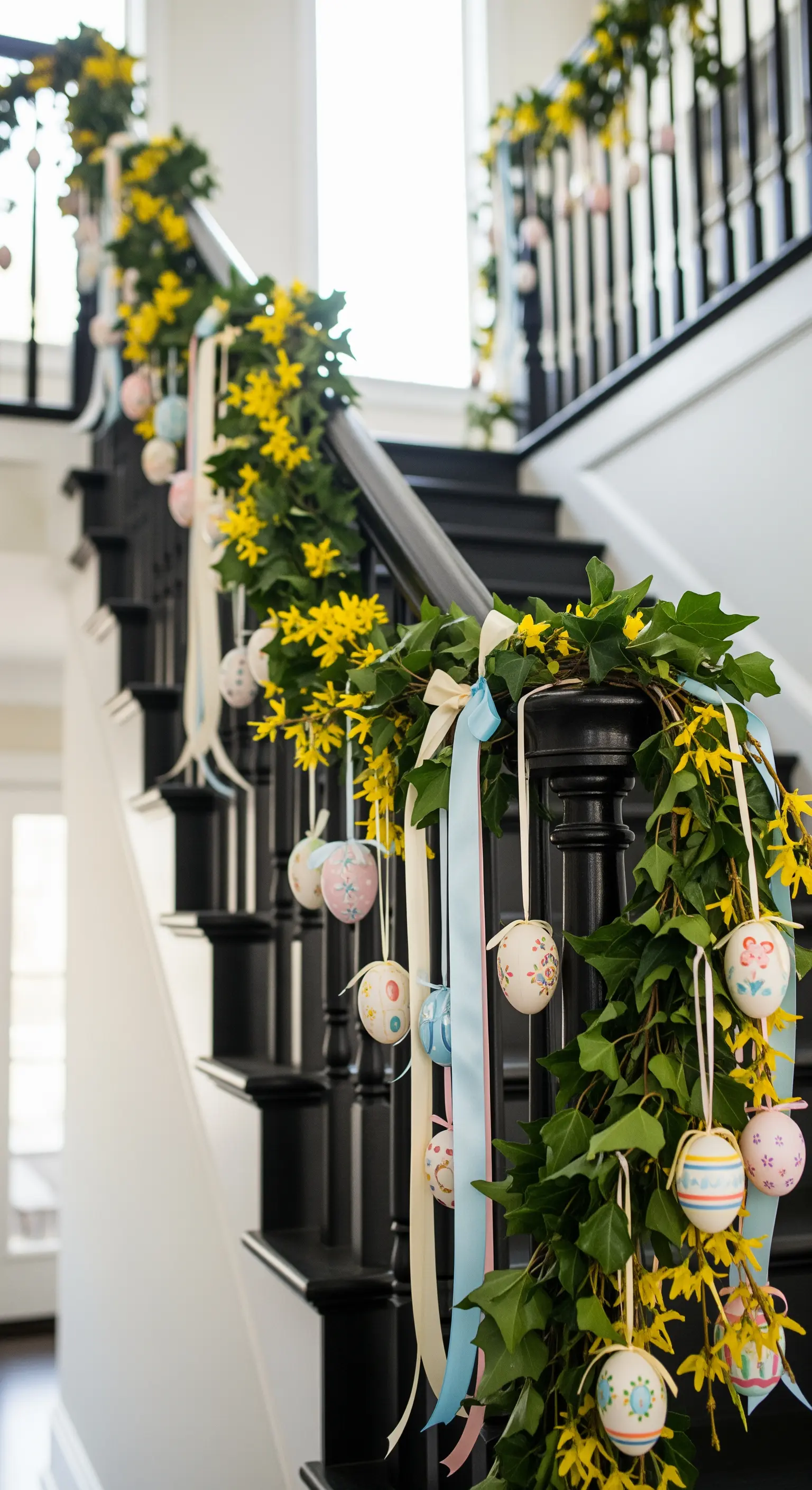 Treppengeländer mit Efeu-Girlande, gelben Blumen und hängenden Pastell-Ostereiern.