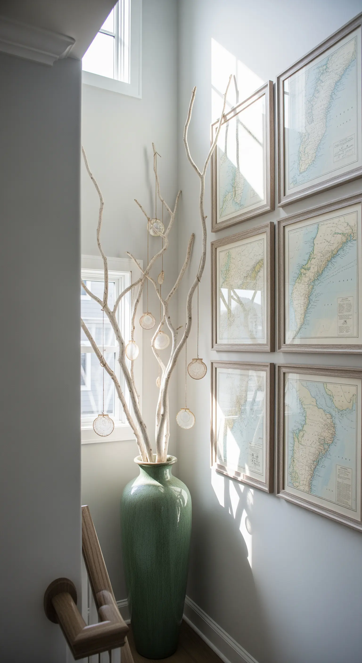 Treppenhaus mit Astdeko, Muschelanhängern und gerahmten Seekarten