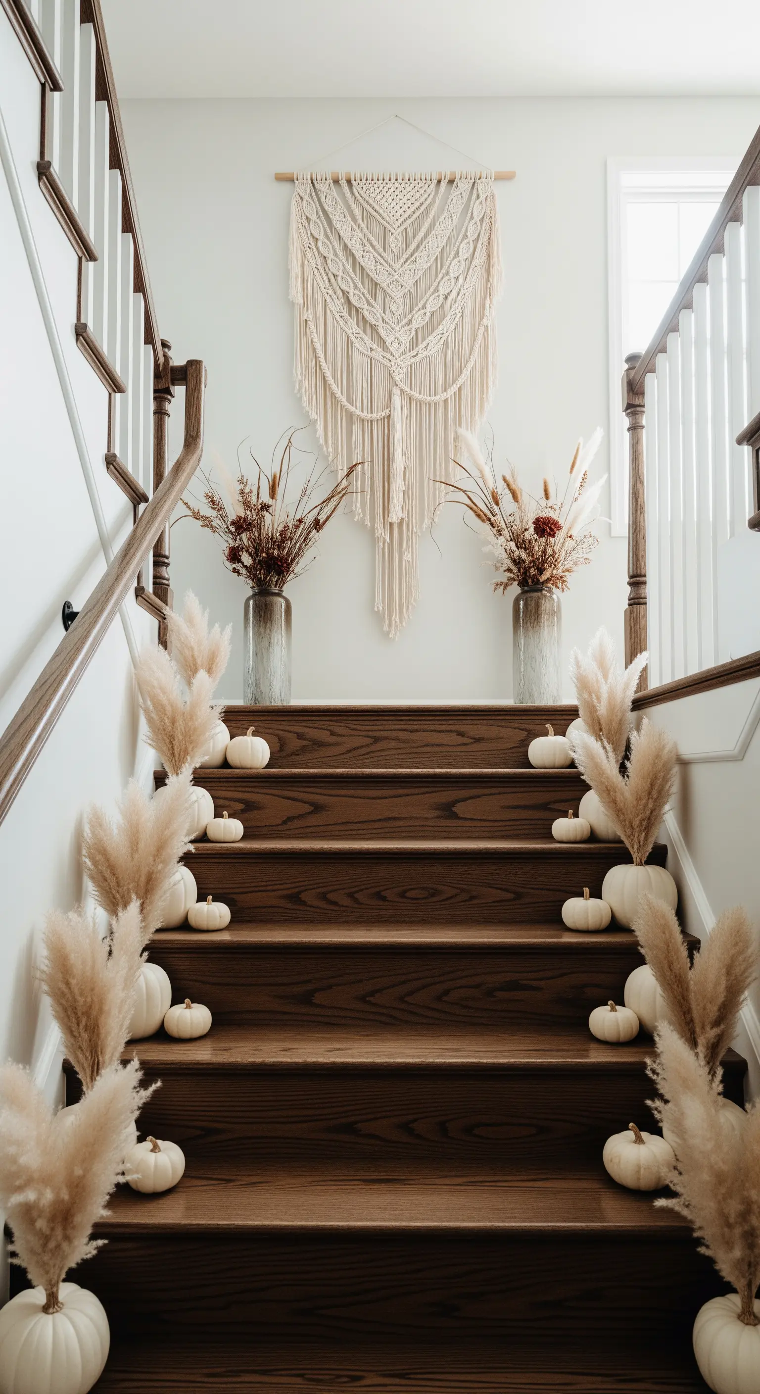 Treppenhaus Deko, Pampasgras, weiße Kürbisse, Makramee