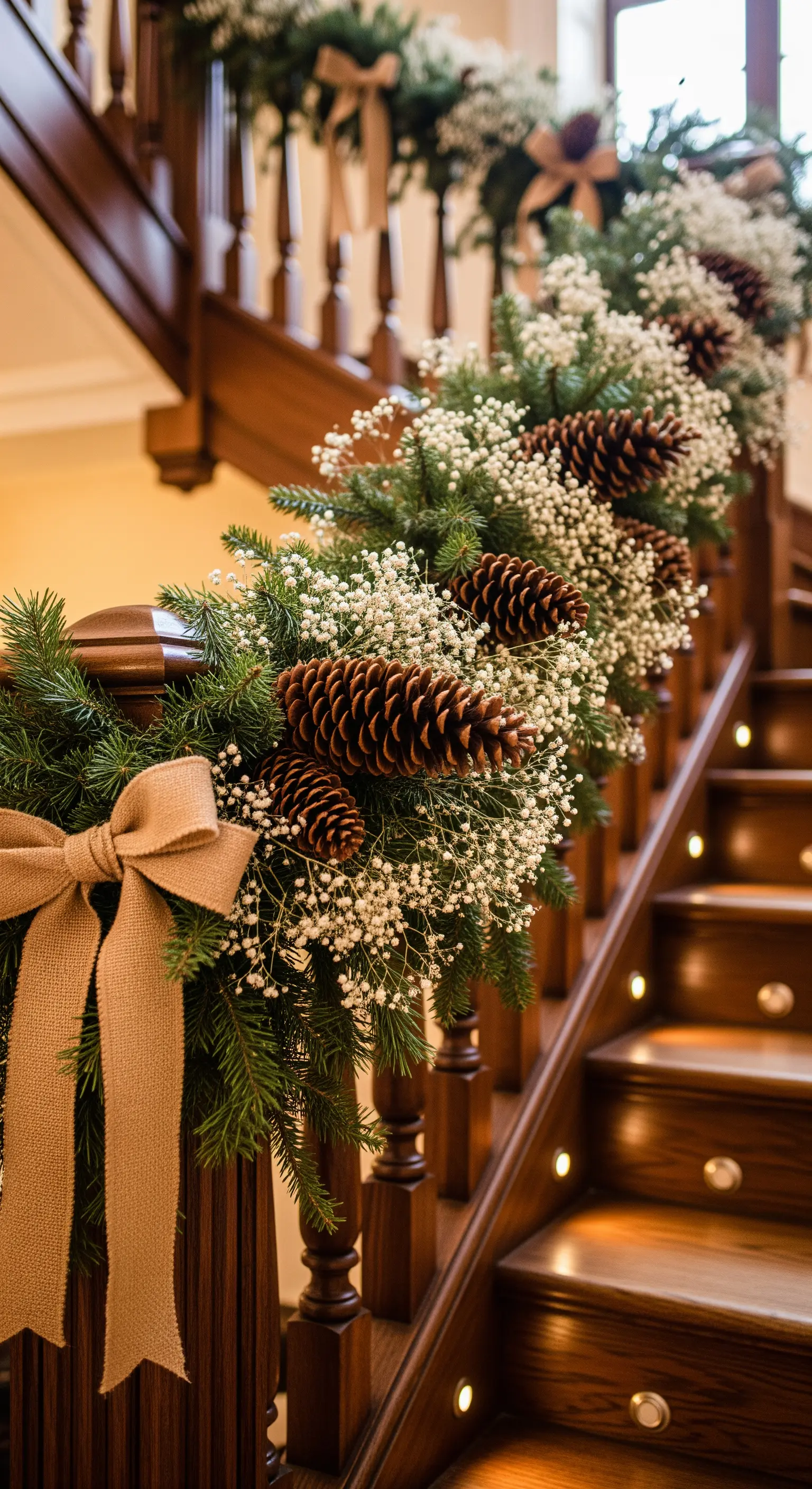 Treppengeländer mit Tannengirlande, Schleierkraut, Tannenzapfen und Leinenbändern dekoriert