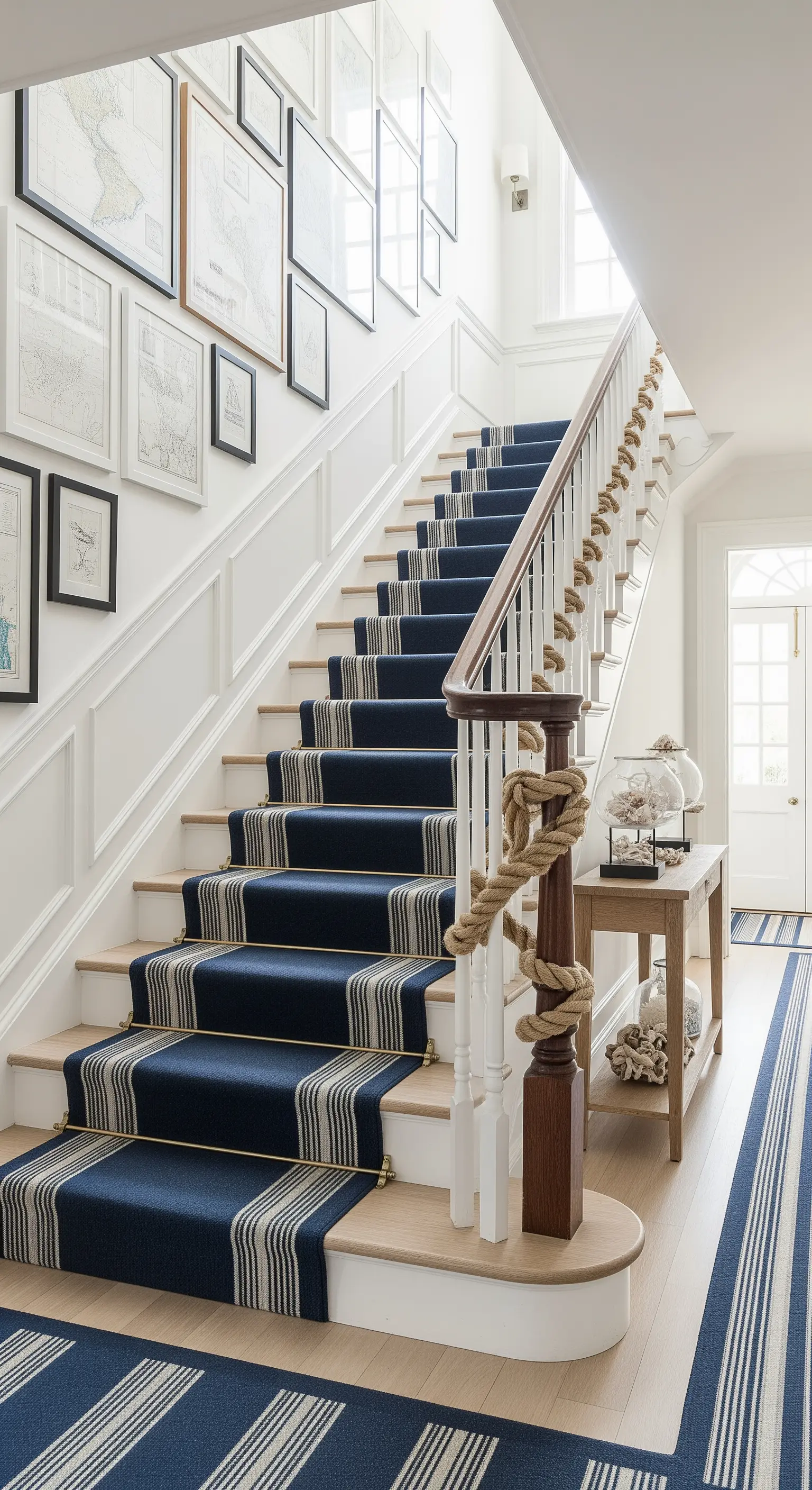 Treppenhaus mit marineblau-beige gestreiftem Läufer, Seilgeländer und Seekarten-Galerie