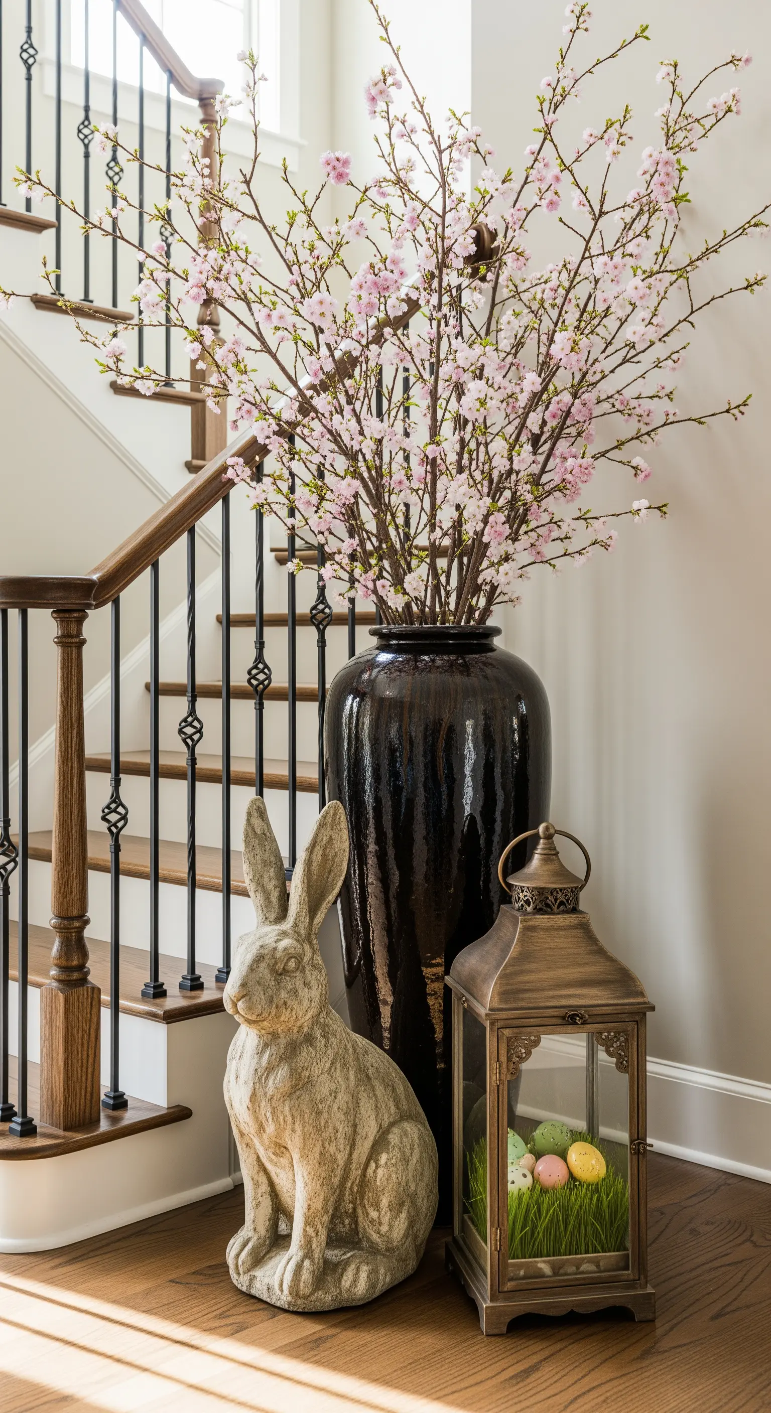 Treppenabsatz mit großer Vase, Kirschblüten, Steinhasen und Laterne mit Ostereiern.