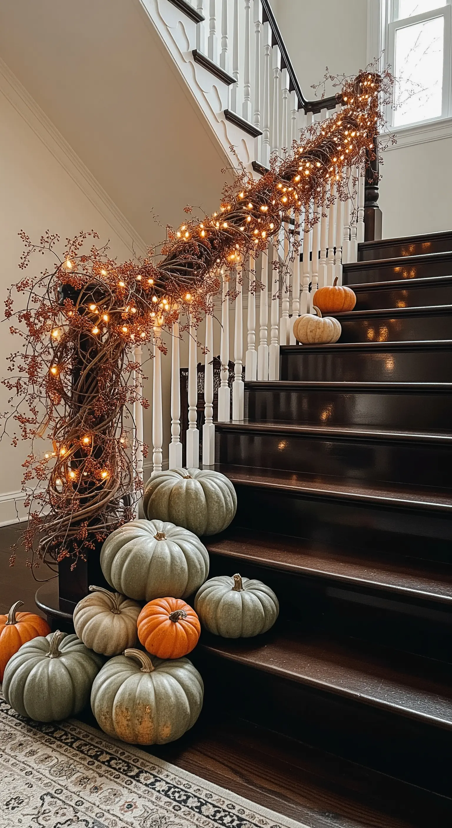 Treppenhaus, Lichterkette, Beerengirlande, Kürbisse, Herbstdeko