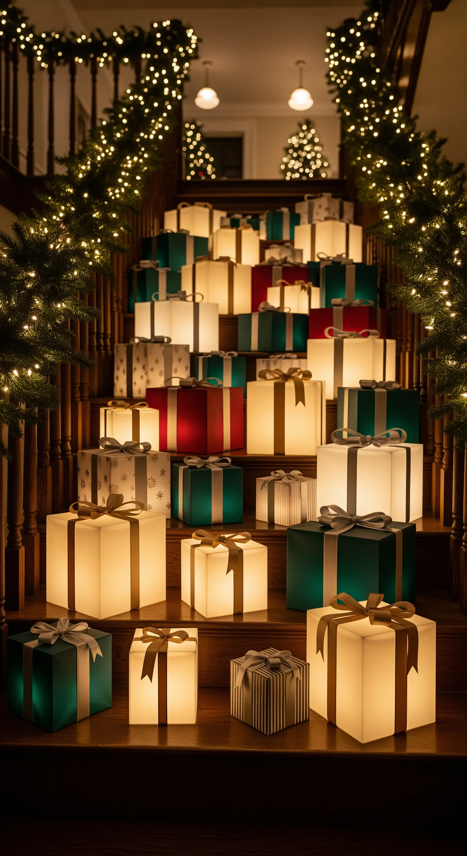 Treppenstufen bedeckt mit leuchtenden Geschenkboxen in Weihnachtsfarben.
