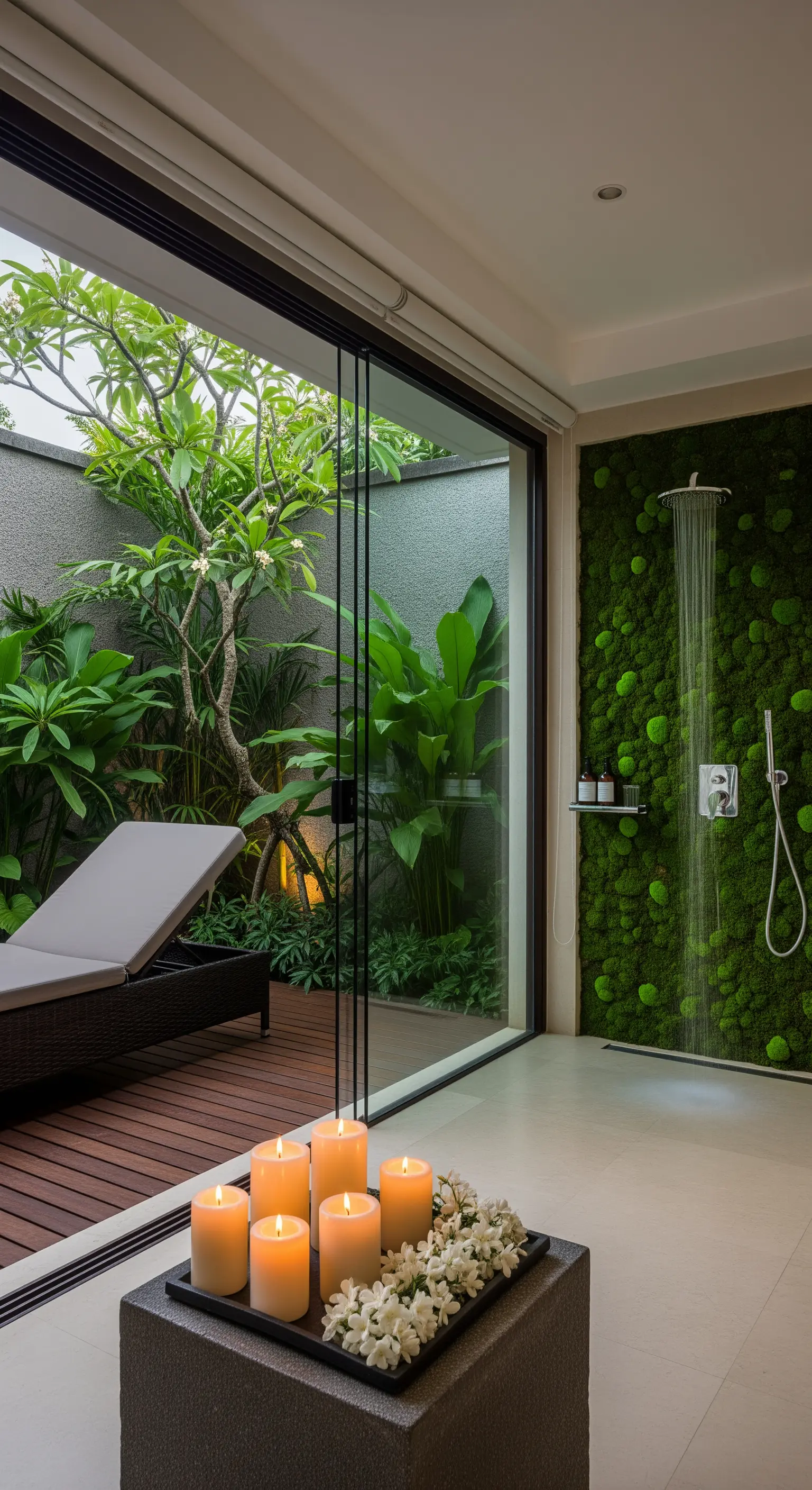 Badezimmer mit Mooswand, offener Dusche und Blick in einen tropischen Innenhof.