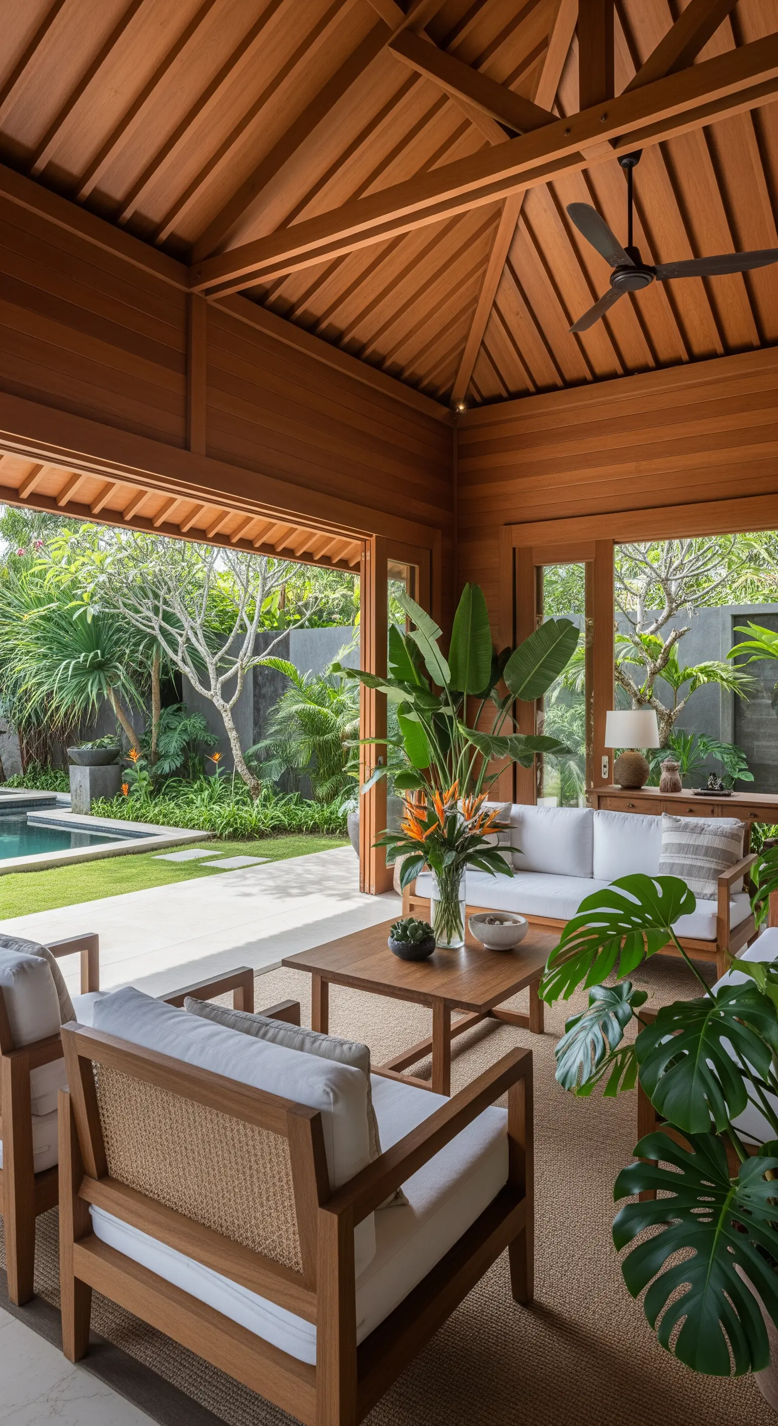 Offener Wohnbereich im balinesischen Stil mit Holzmöbeln, weißen Polstern und großen tropischen Pflanzen.