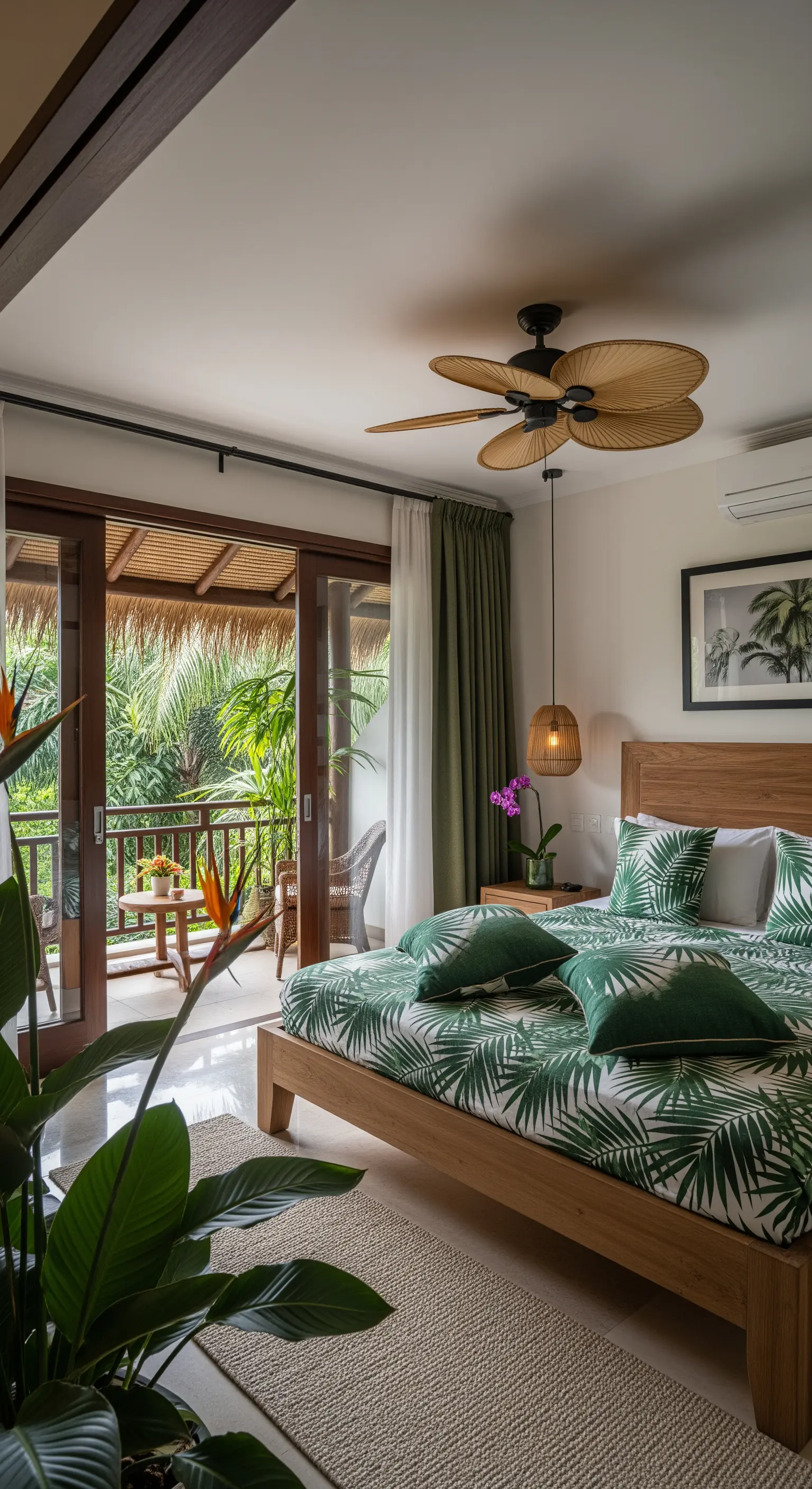 Helles Schlafzimmer mit Palmenblatt-Bettwäsche und Blick auf einen begrünten Balkon