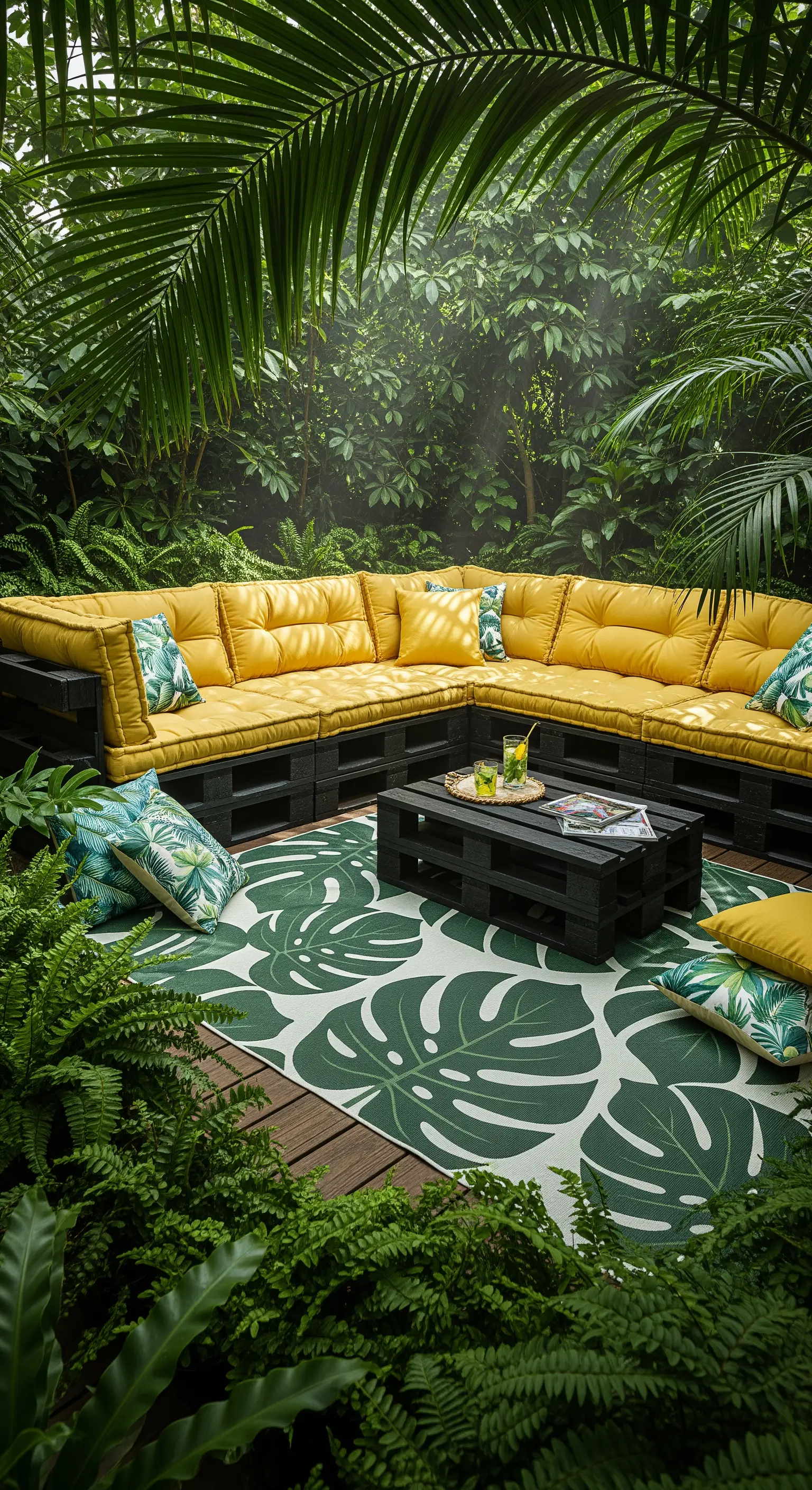 Schwarze Paletten-Sitzgruppe mit gelben Kissen und Monstera-Teppich in tropischer Umgebung.