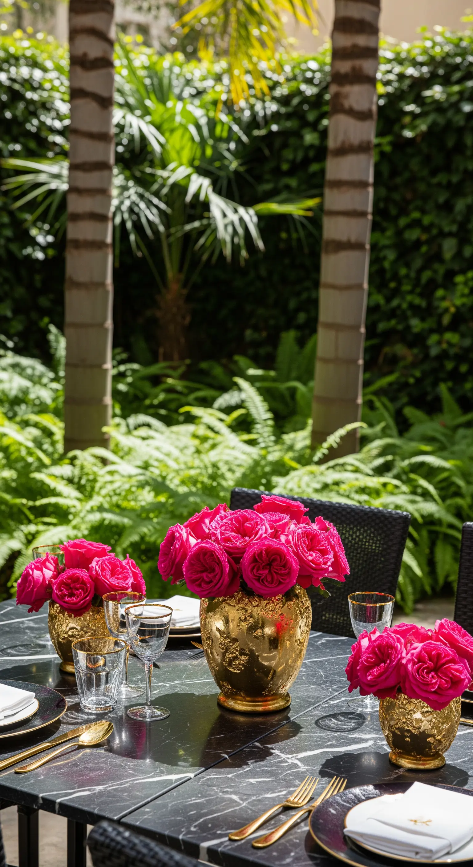 Schwarzer Marmortisch mit fuchsienfarbenen Rosen in Goldvasen in tropischer Umgebung.