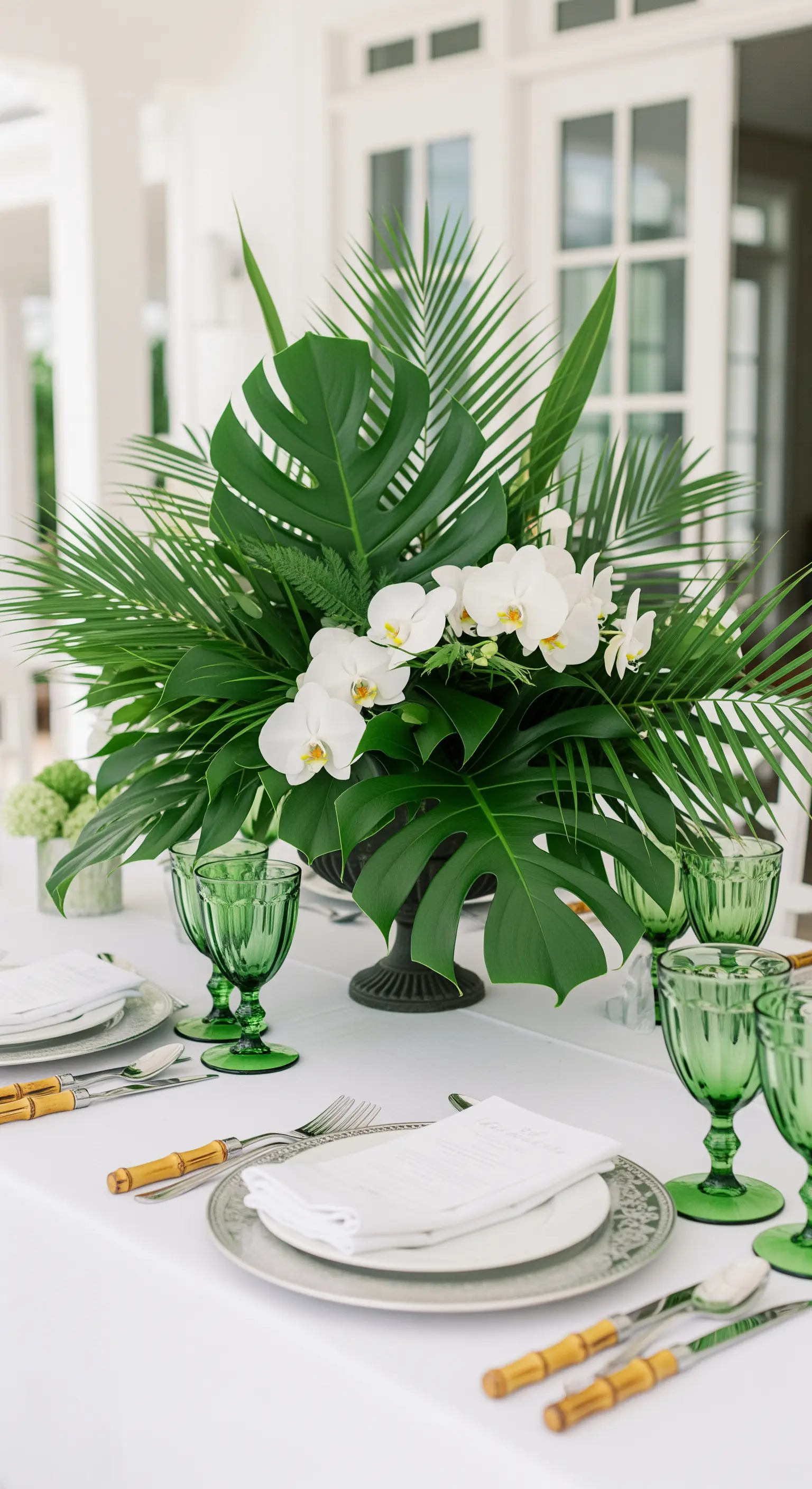 Üppiges Gesteck aus Monstera-Blättern und weißen Orchideen auf einem elegant gedeckten Tisch.
