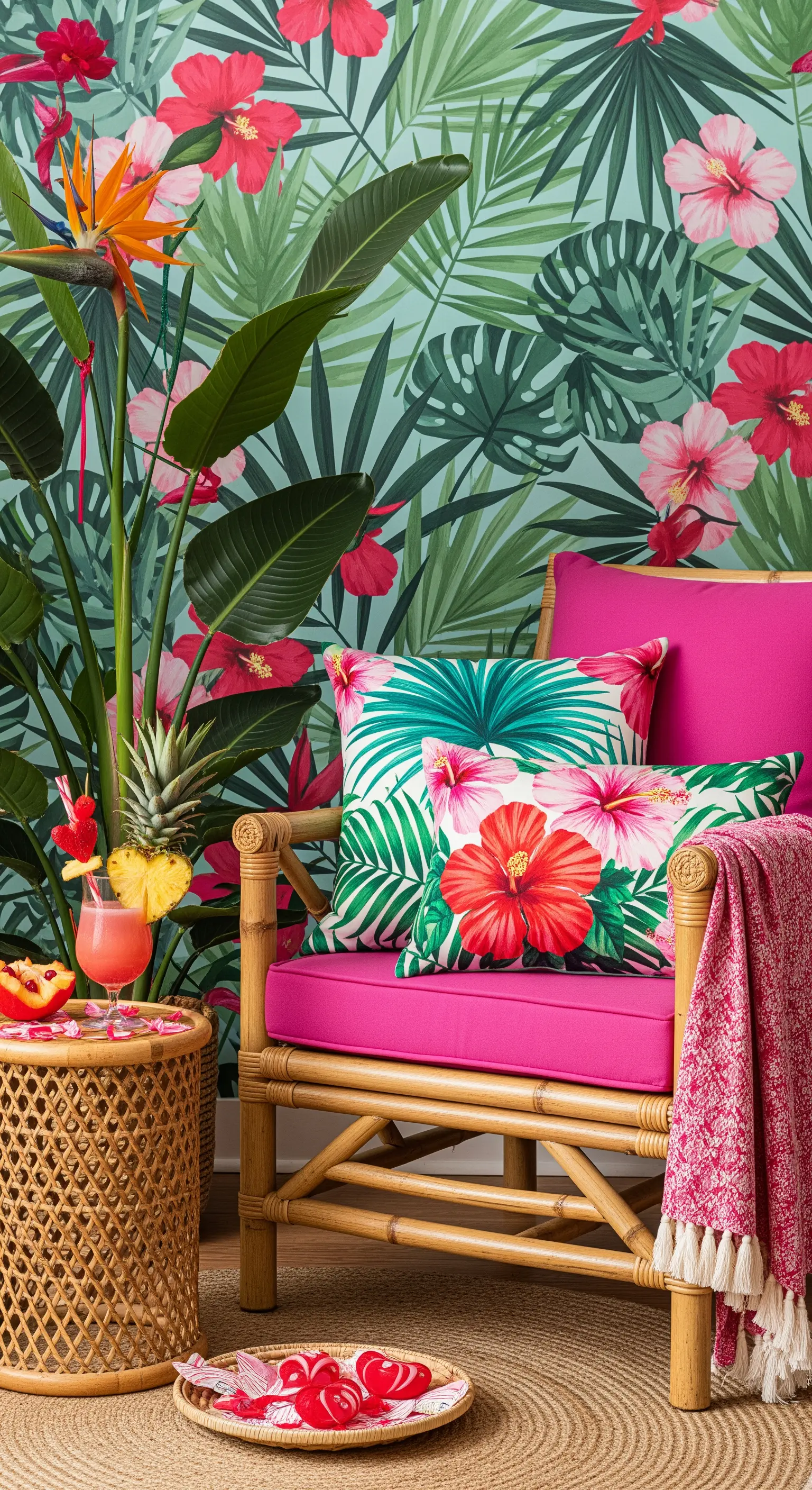 Bambussessel vor einer tropischen Blättertaptete, mit pinken Polstern und Hibiskus-Kissen.