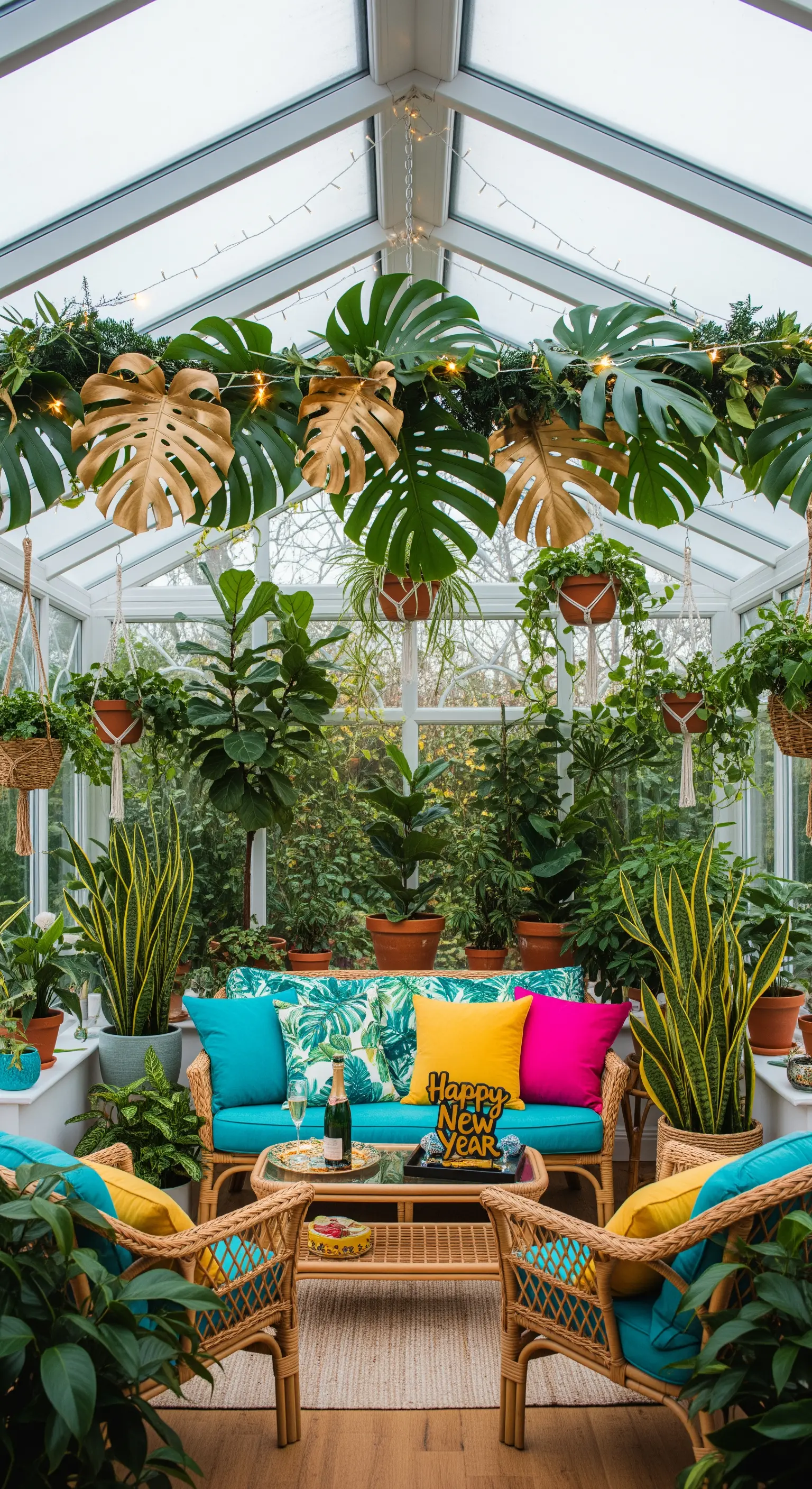 Wintergarten mit tropischer Girlande aus grünen und goldenen Monstera-Blättern und Lichtern