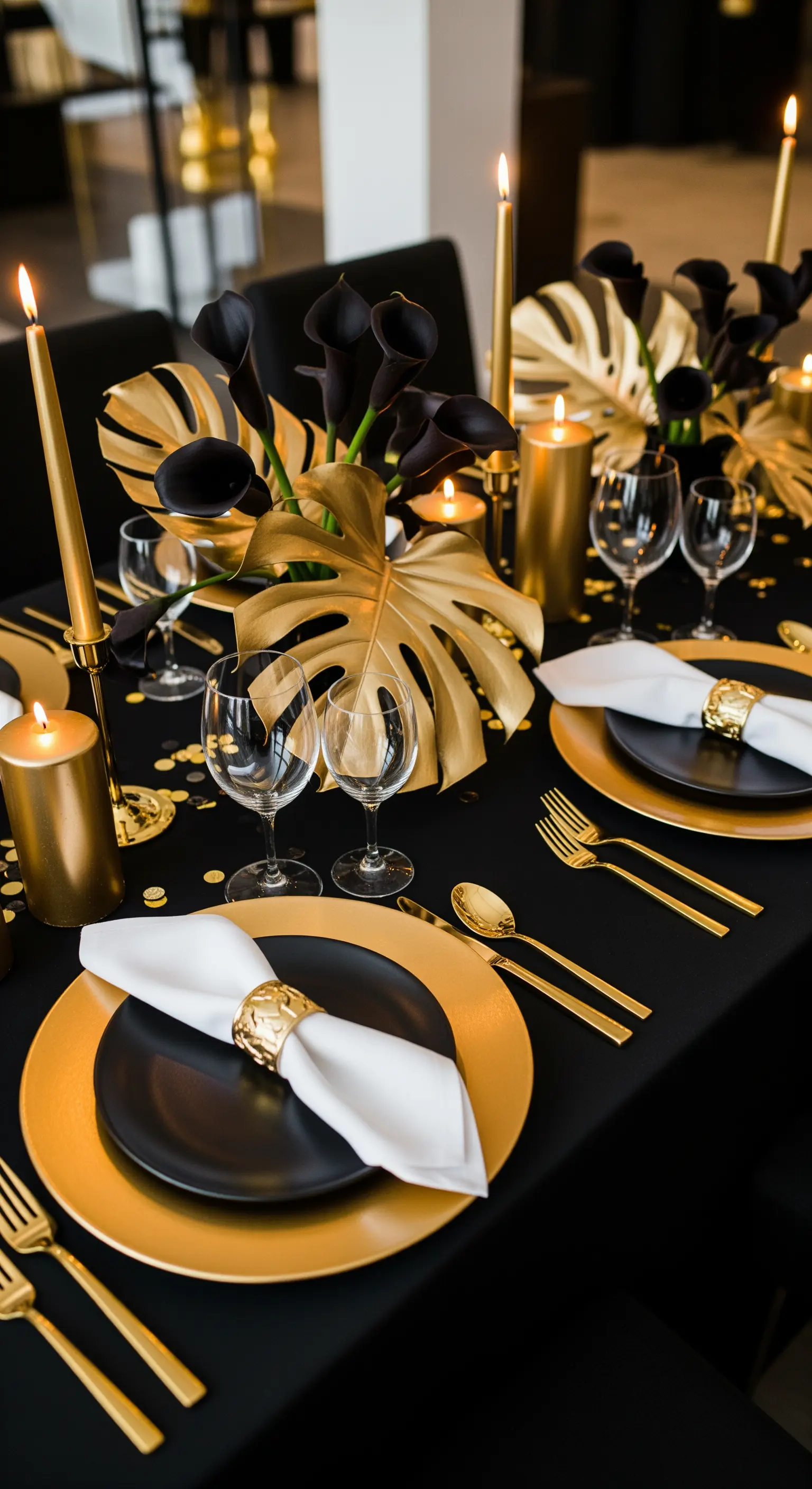 Tisch in Schwarz-Gold mit Monstera-Blättern, Calla-Lilien und Kerzen