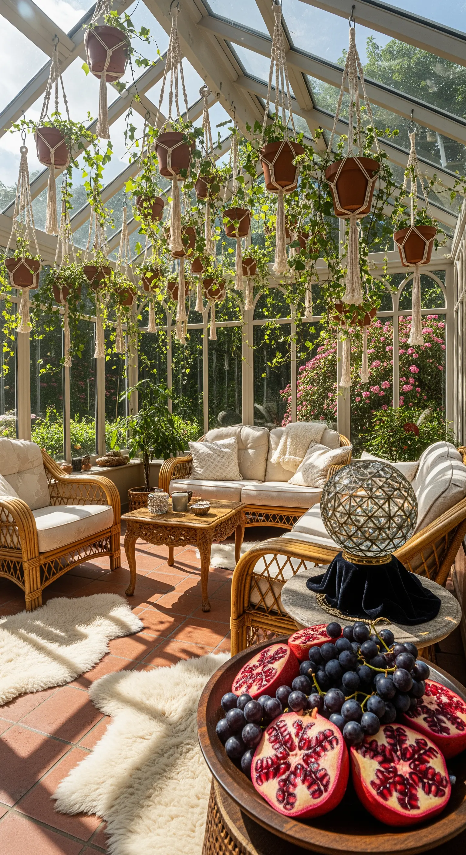 Wintergarten mit Hängepflanzen, Rattanmöbeln, Fellen und saisonalen Früchten.