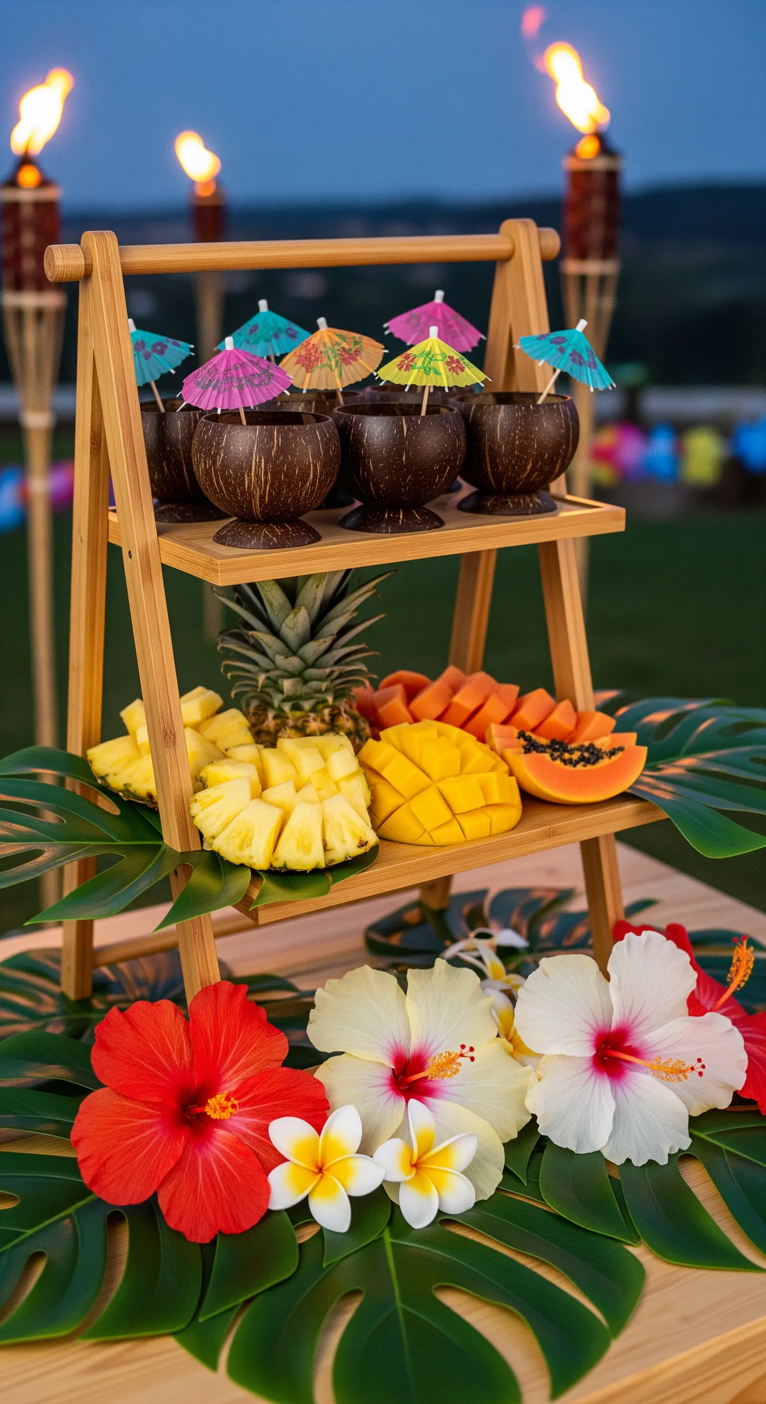 Tropische Bambus-Etagere mit exotischen Früchten, Hibiskusblüten und Kokosnuss-Drinks.