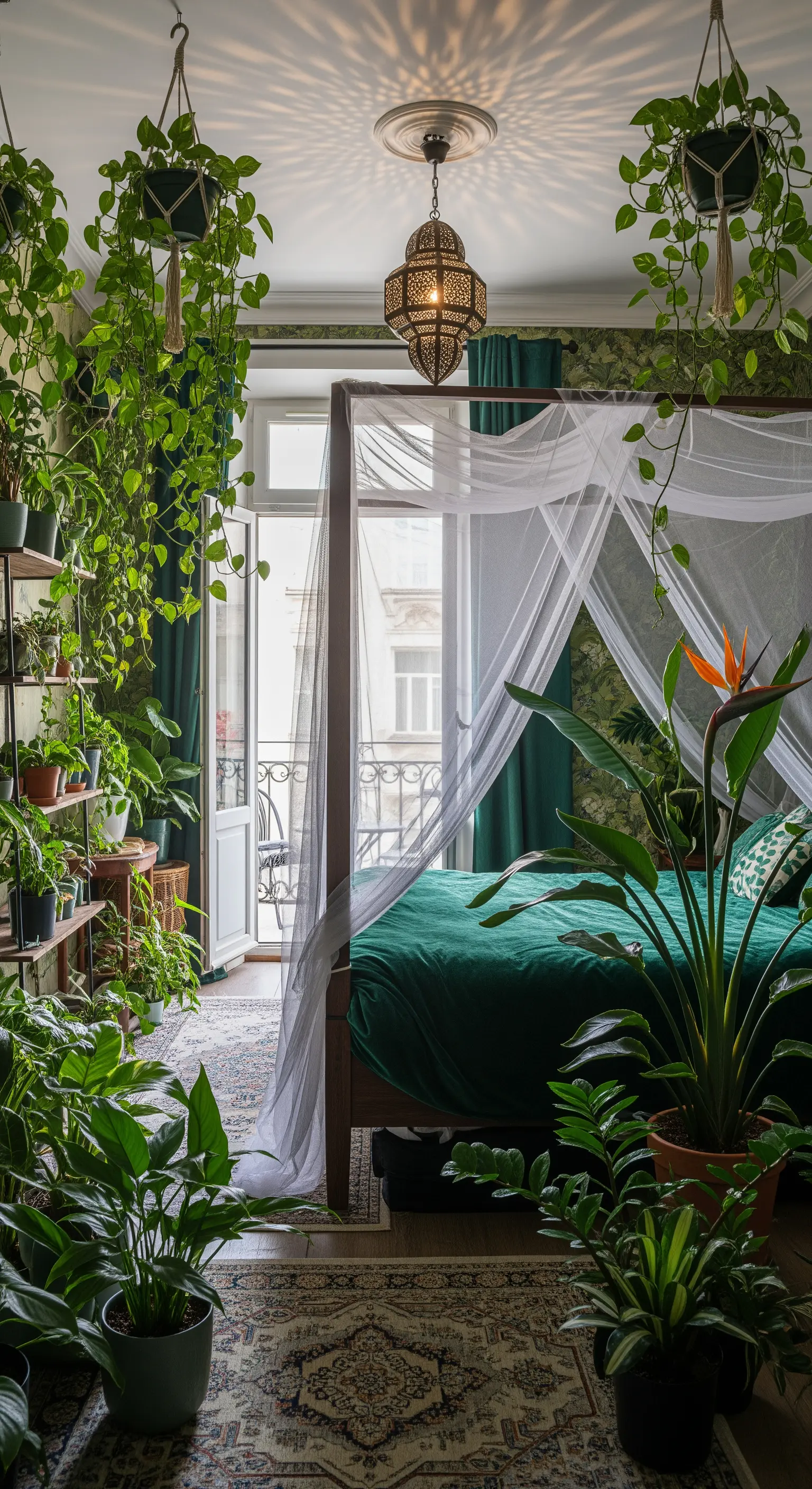 Schlafzimmer als Urban Jungle mit Himmelbett, Moskitonetz und vielen grünen Pflanzen.