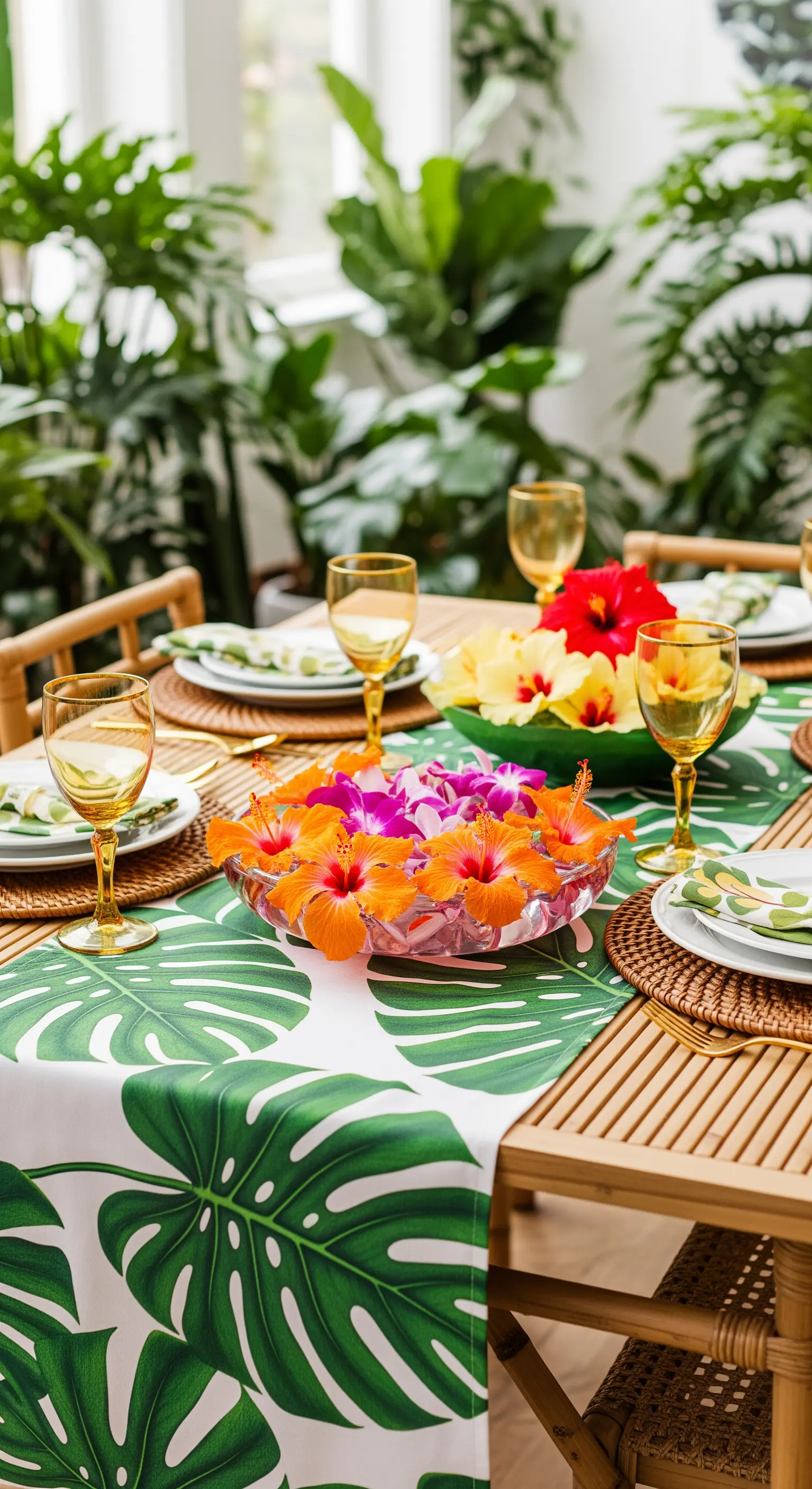 Tropische Tischdeko mit Monstera-Blättern und schwimmenden Hibiskusblüten