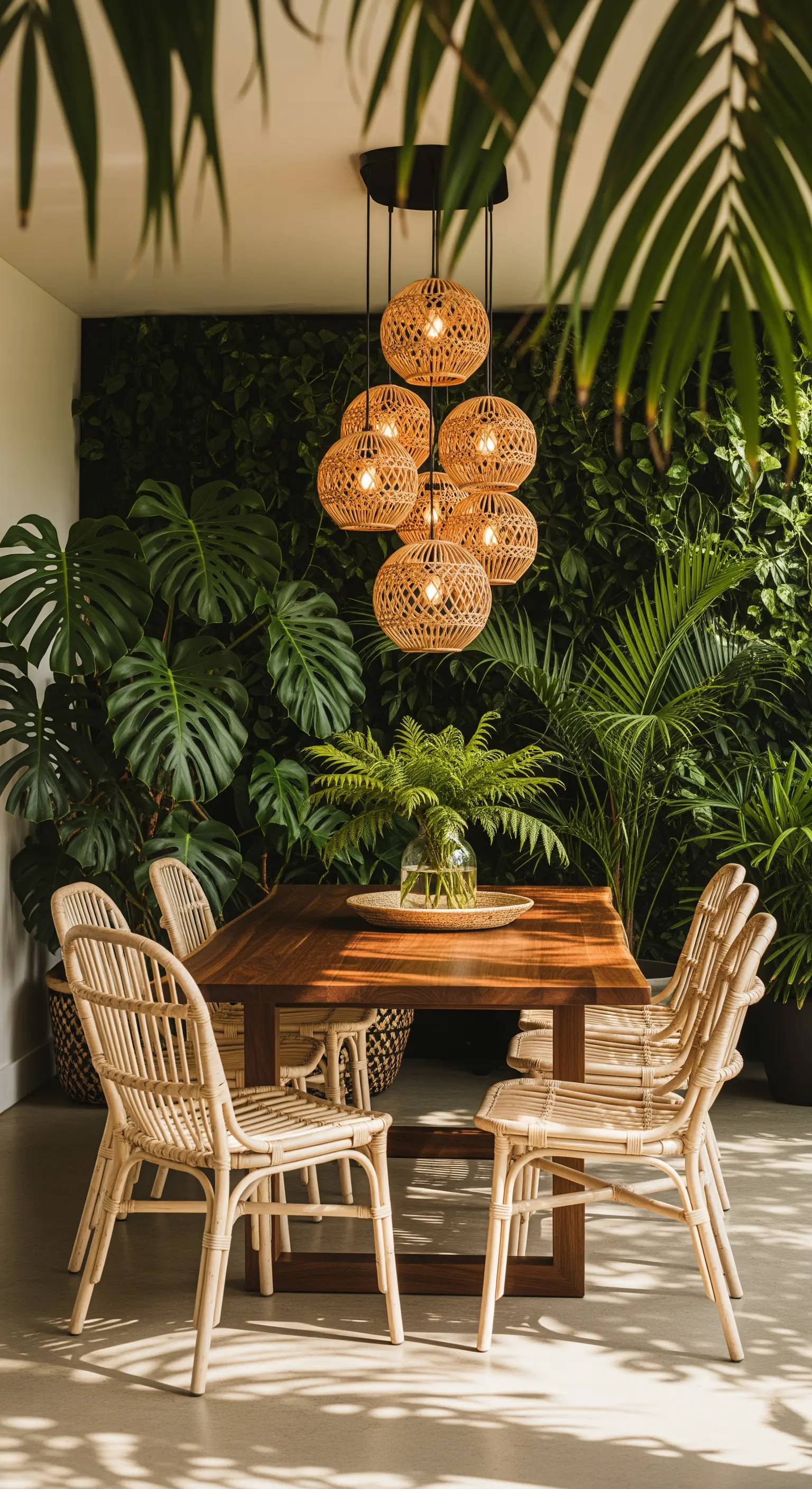 Essbereich im Urban Jungle Stil, viele Pflanzen, Cluster-Rattan-Leuchten