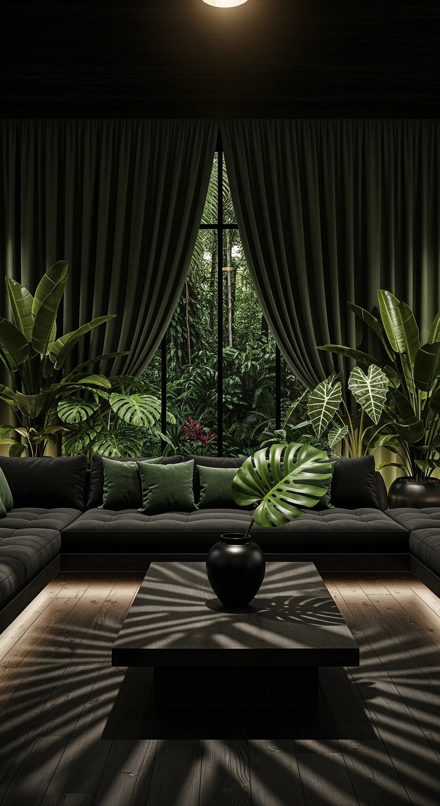 Tropisches Wohnzimmer mit großen Pflanzen, grünen Samtvorhängen und dunklem Sofa