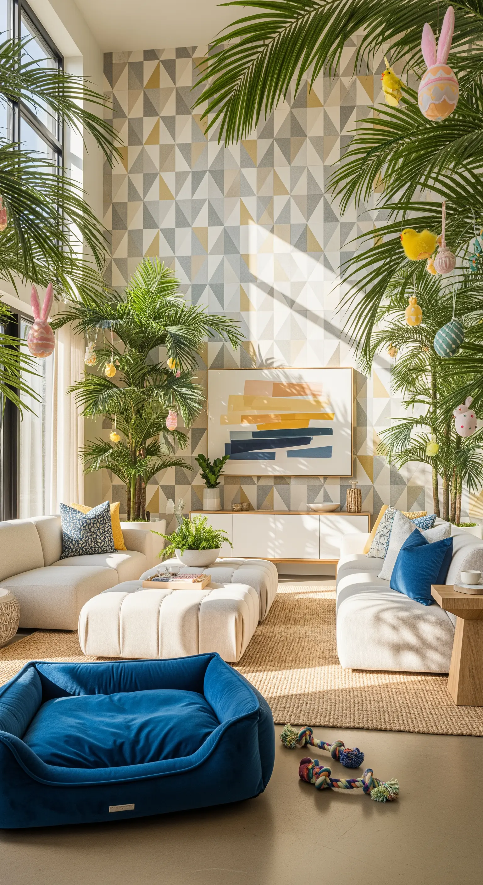 Living room with large palm trees decorated with Easter bunnies and eggs, and a blue pet bed.