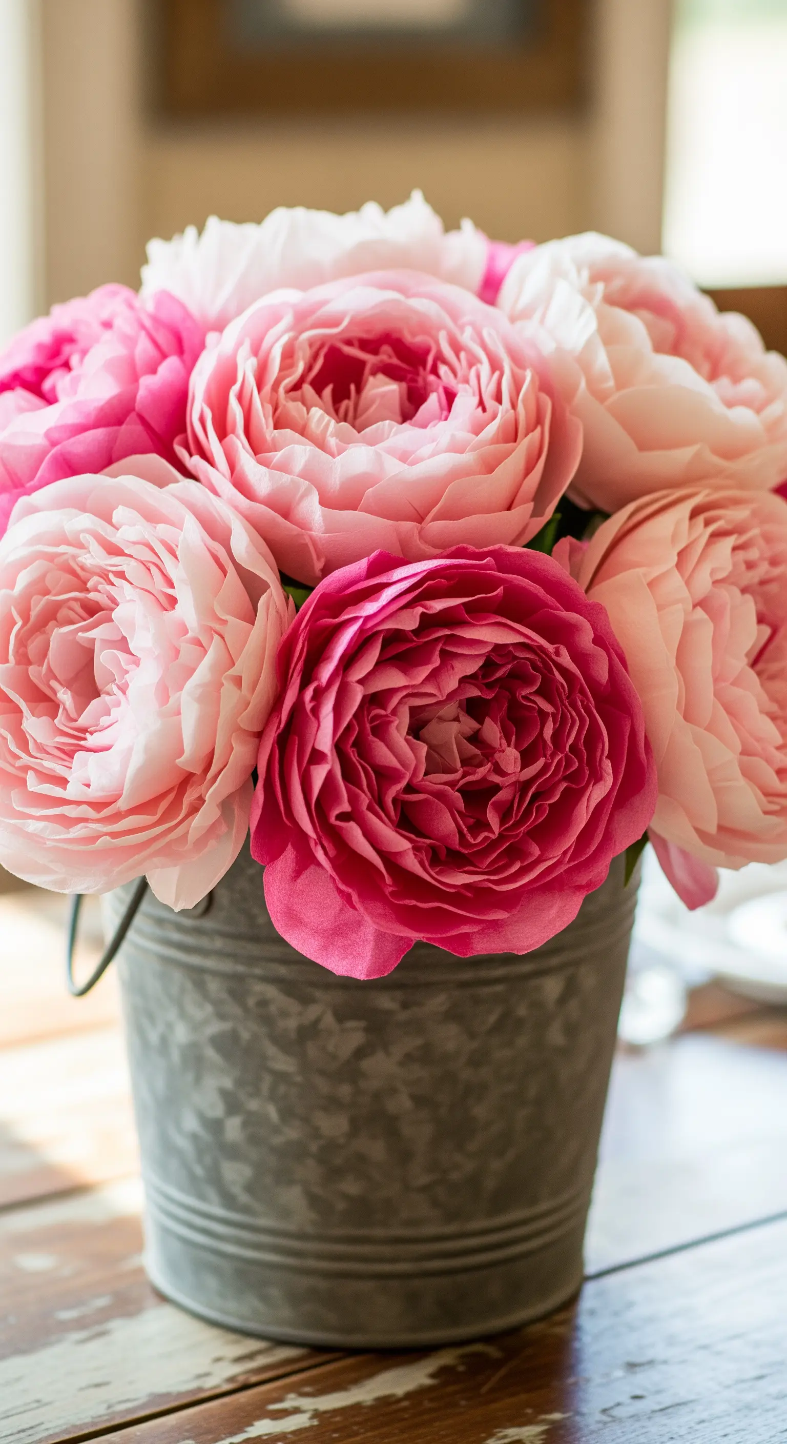 Bunte Papierblumen und grüne Blätter als Girlande am Türrahmen