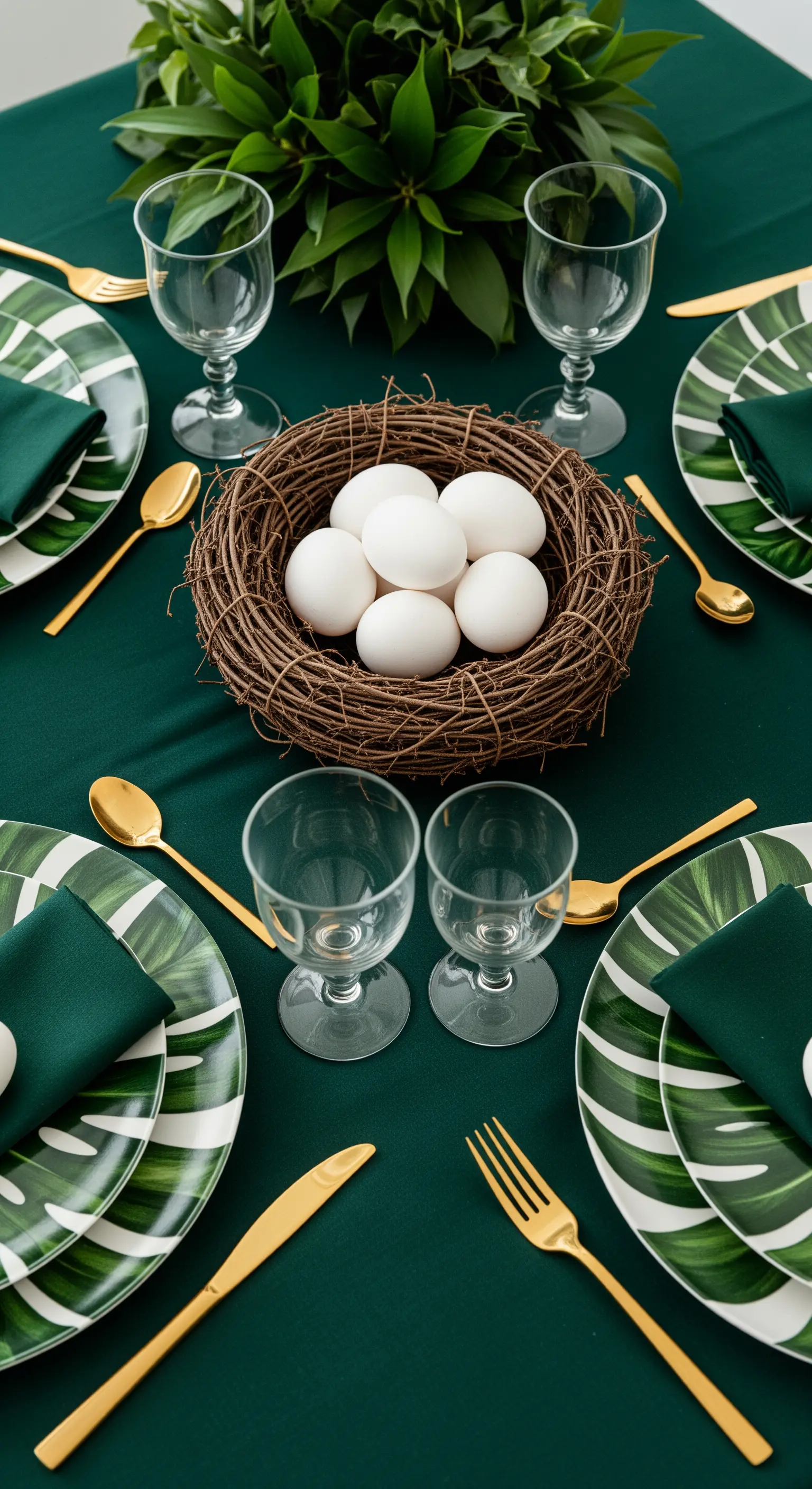 Ostertafel in Dunkelgrün mit tropischen Blattmustern, Goldbesteck und einem Vogelnest.