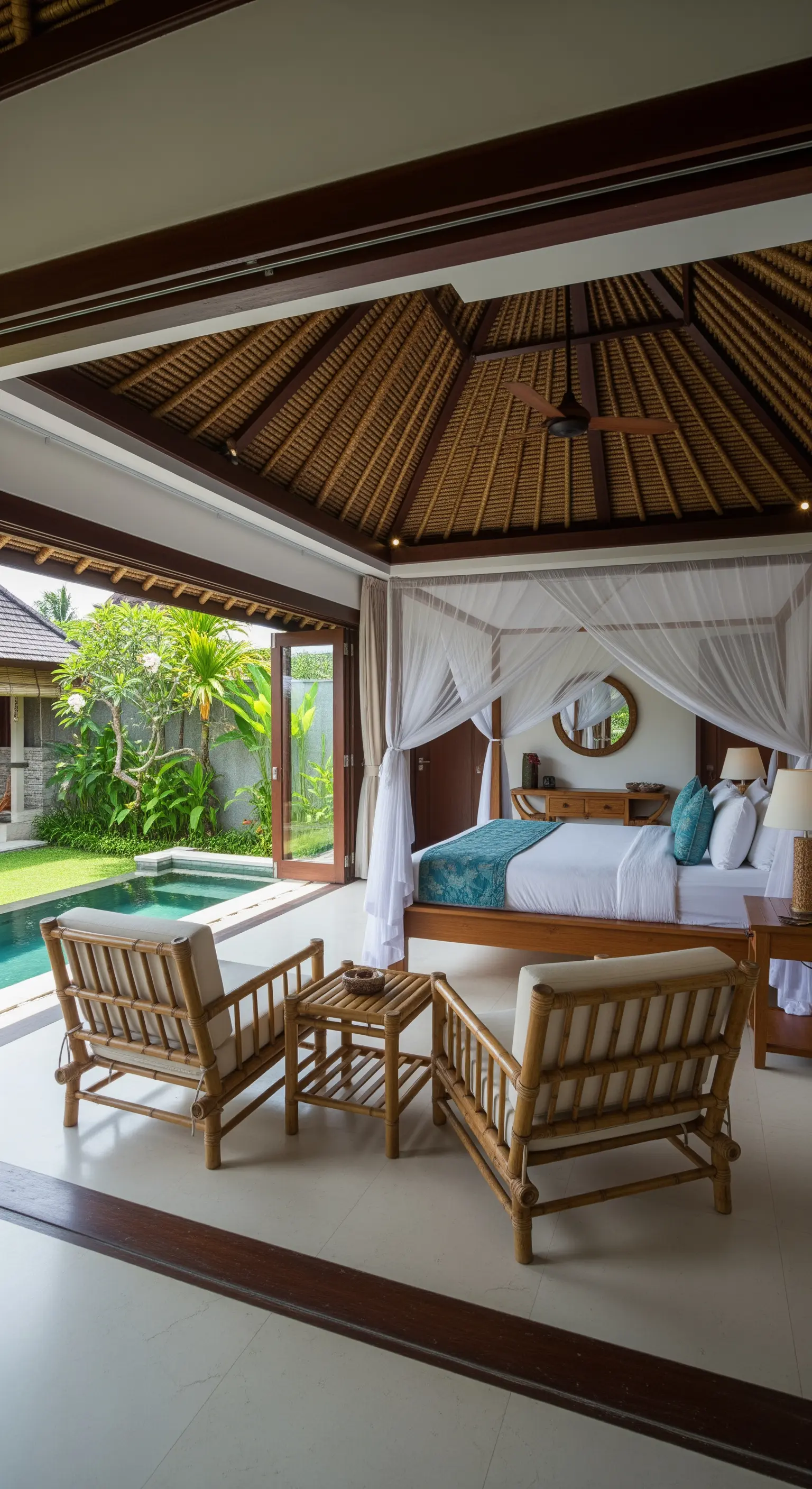 Schlafzimmer in einer tropischen Villa mit Bambusmöbeln und direktem Zugang zum Pool.