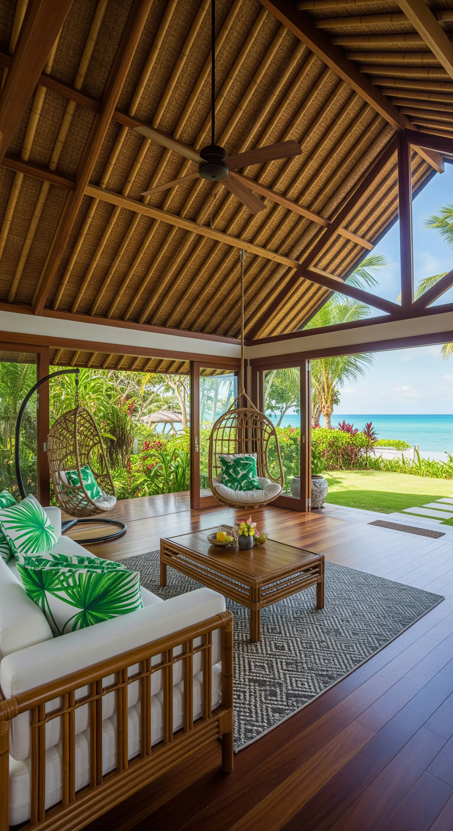 Tropisches Wohnzimmer mit Bambusdach, Hängesesseln und Meerblick