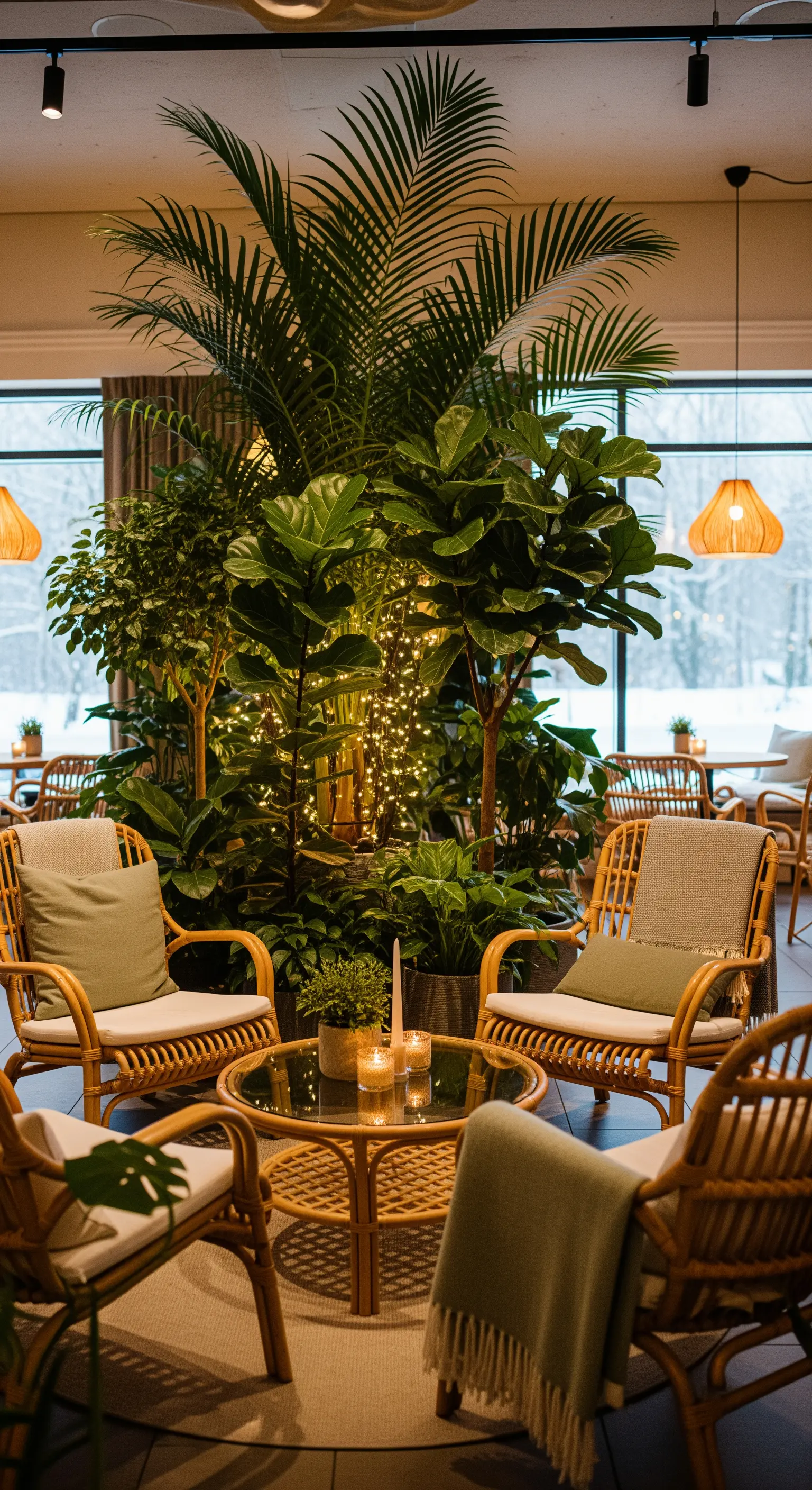 Grünpflanzen, Lichterketten, Rattan-Möbel und Kerzen in einem Raum