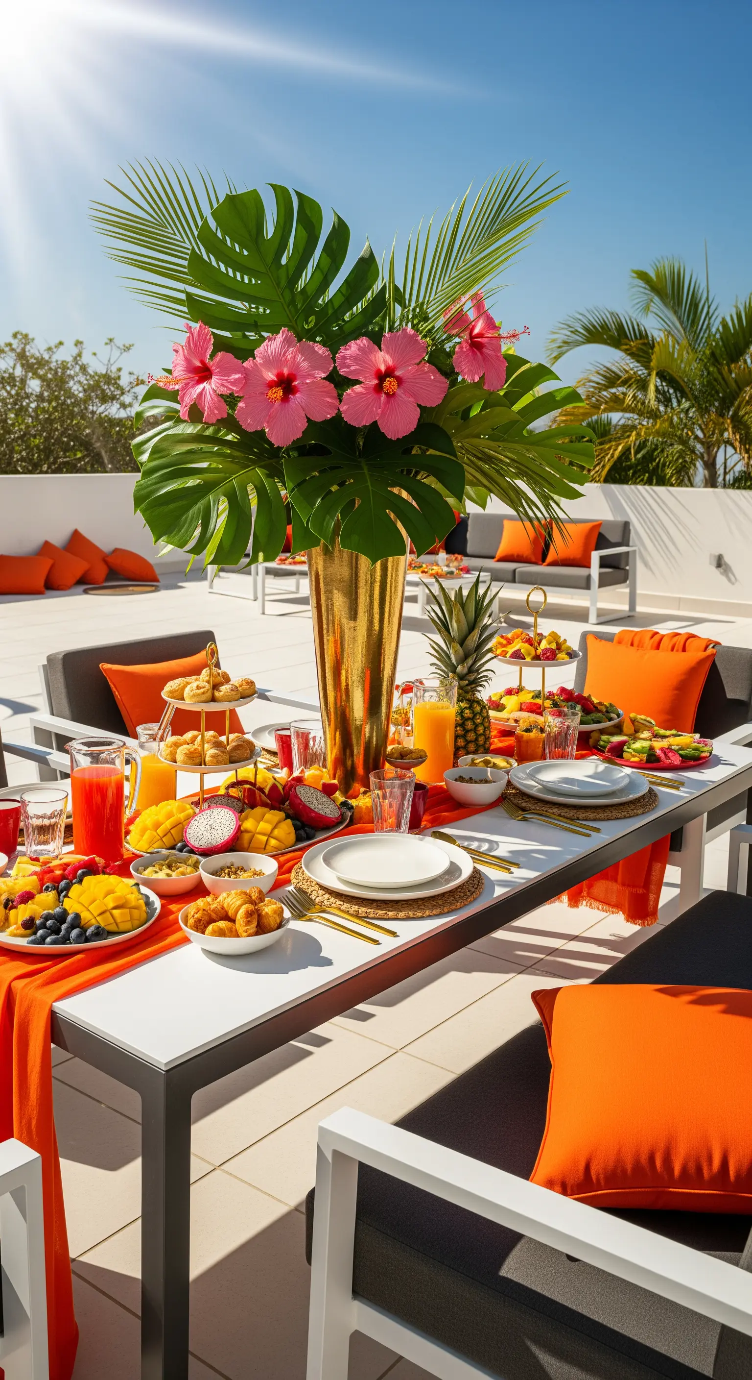 Tropisches Centerpiece mit Hibiskus und Palmblättern auf Dachterrasse