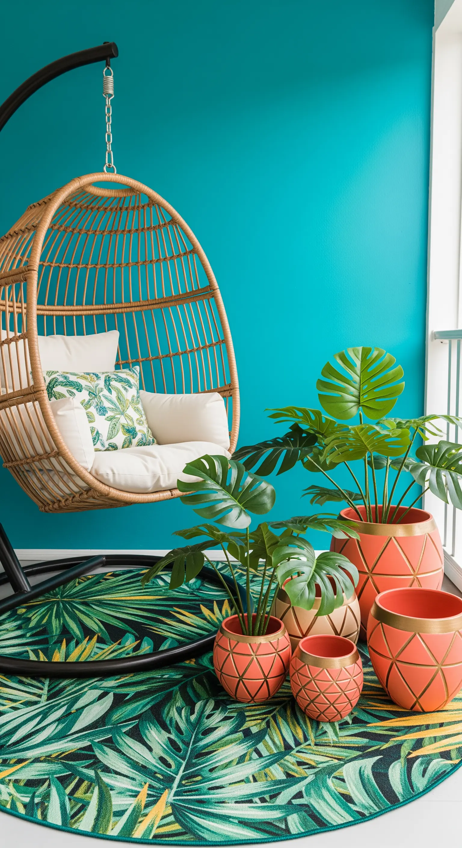 Balkon mit türkiser Wand, Rattansessel, tropischen Pflanzen und Blattmuster-Teppich