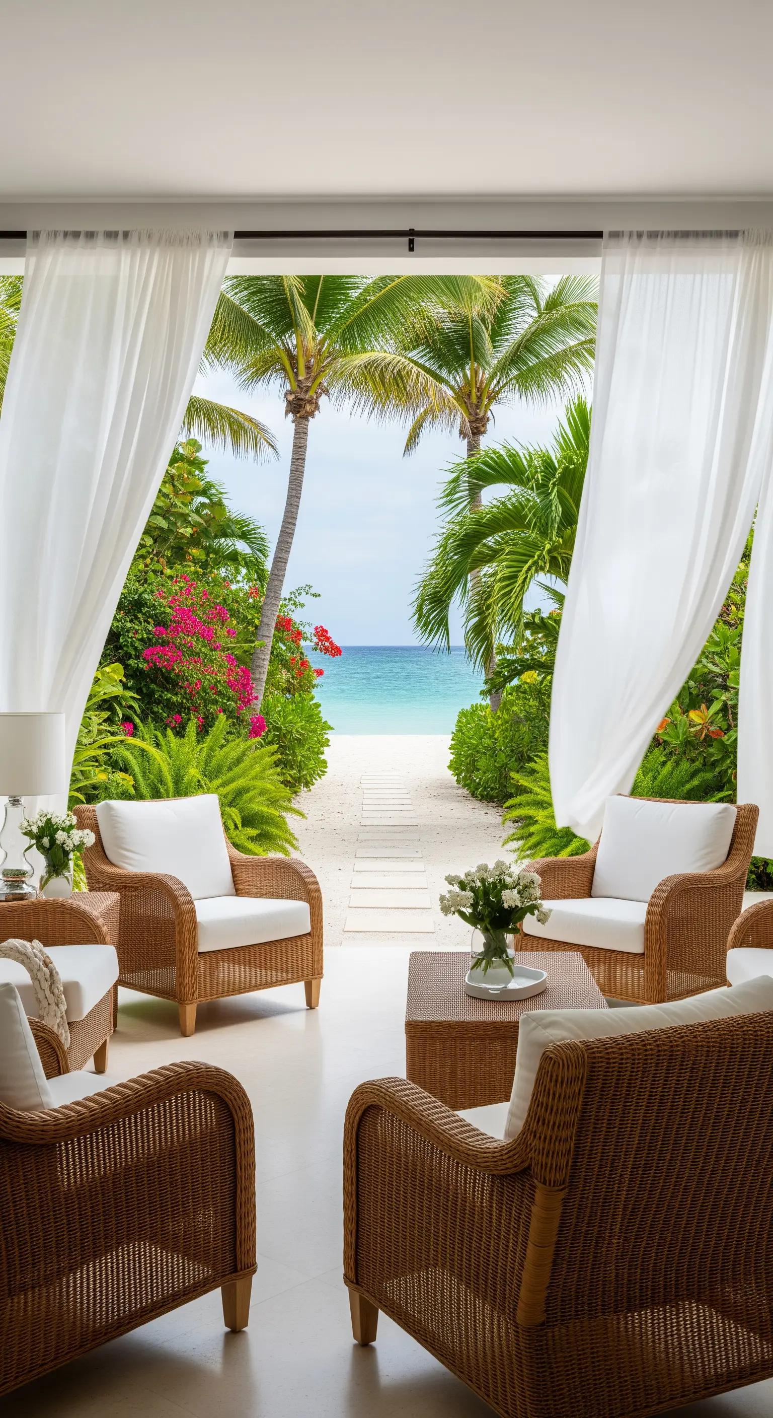 Tropische Veranda, Rattanmöbel, weiße Vorhänge, Bougainvillea, Meerblick