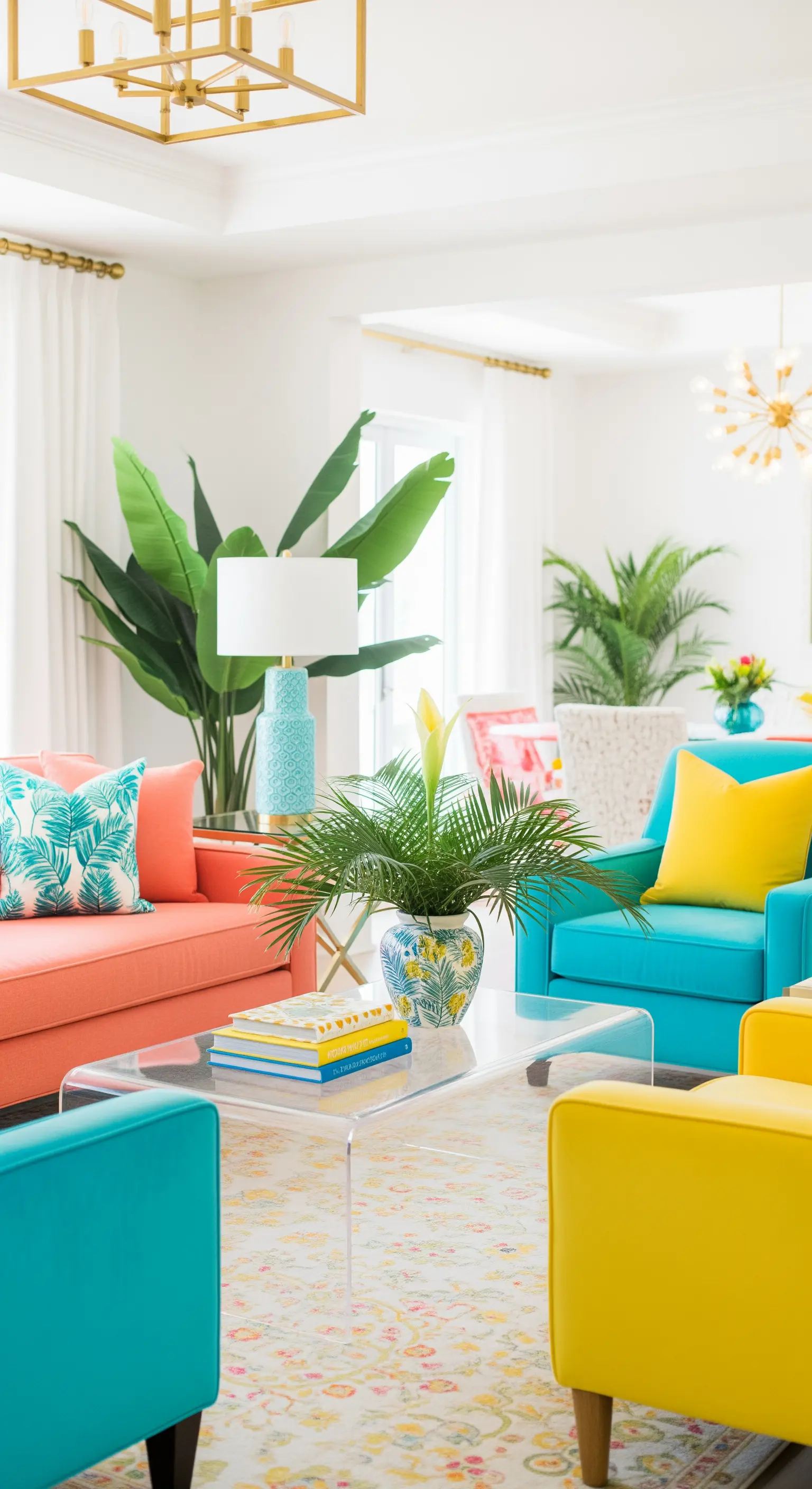 Farbenfrohes Wohnzimmer mit Möbeln in Koralle, Türkis und Gelb sowie tropischen Pflanzen.