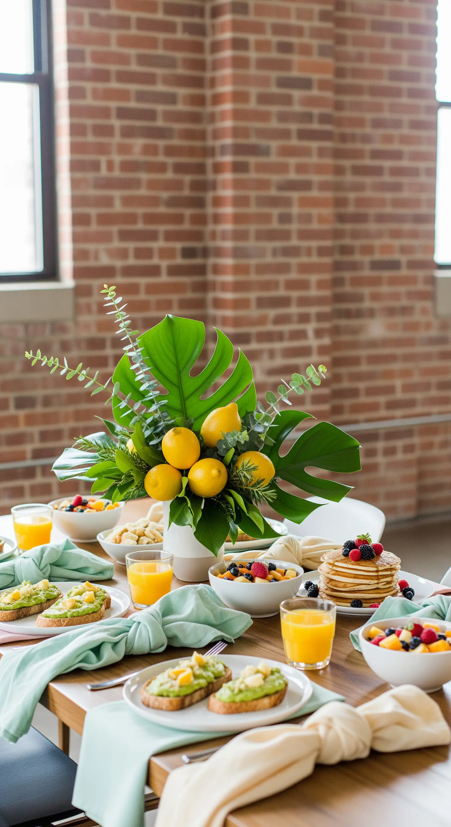 Brunchtisch mit Monstera-Blättern, Zitronen in Vase, mintgrünen Servietten vor Ziegelwand