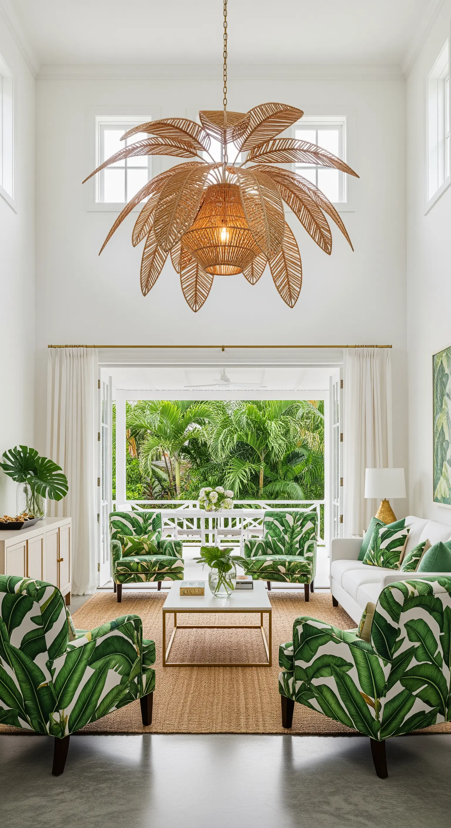 Großer Kronleuchter in Form eines Palmwedels aus Rattan in einem tropisch eingerichteten Wohnzimmer.