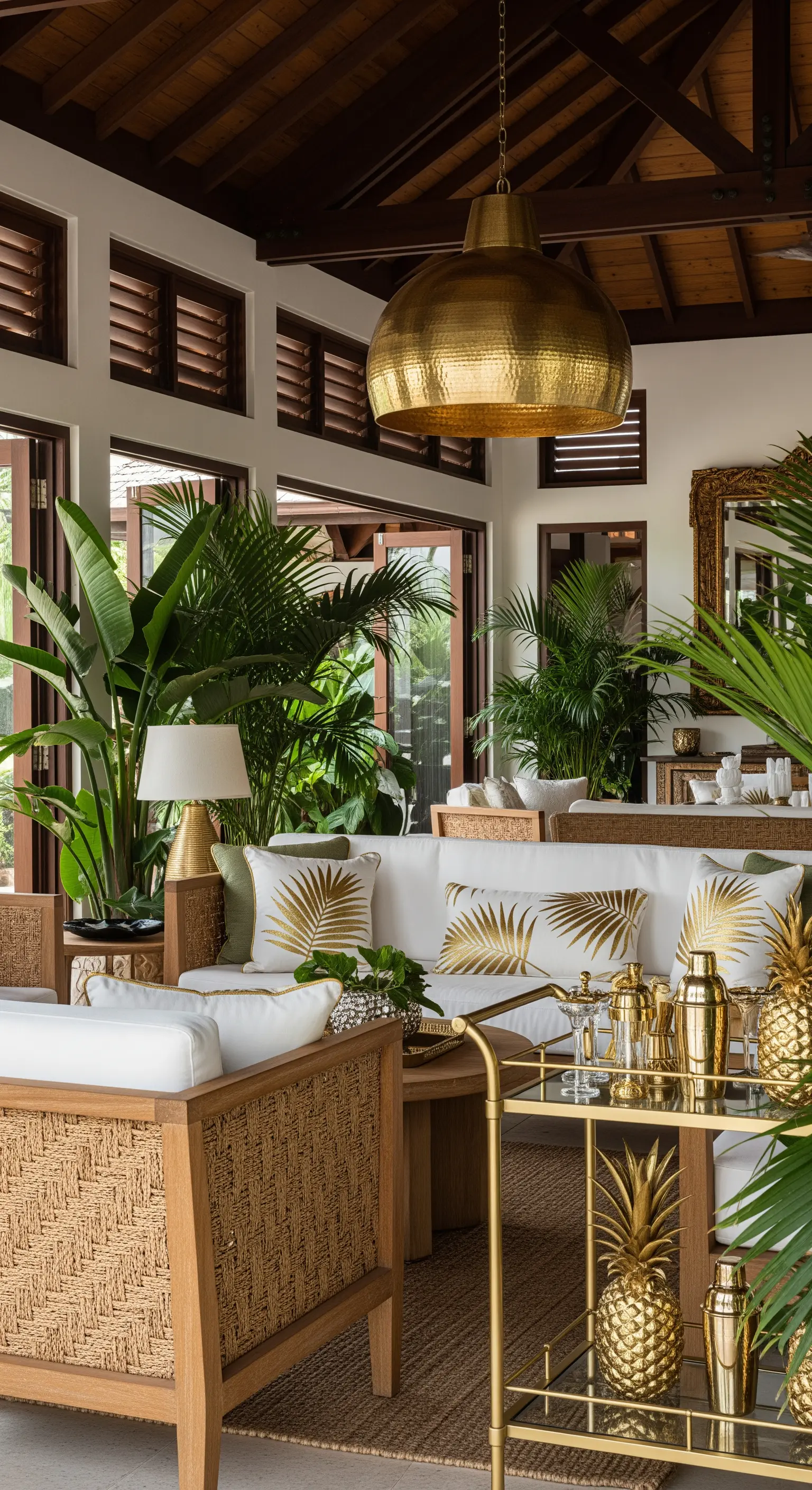 Tropisches Wohnzimmer mit Rattanmöbeln, Palmen und goldenen Kissen und Deko-Ananas.