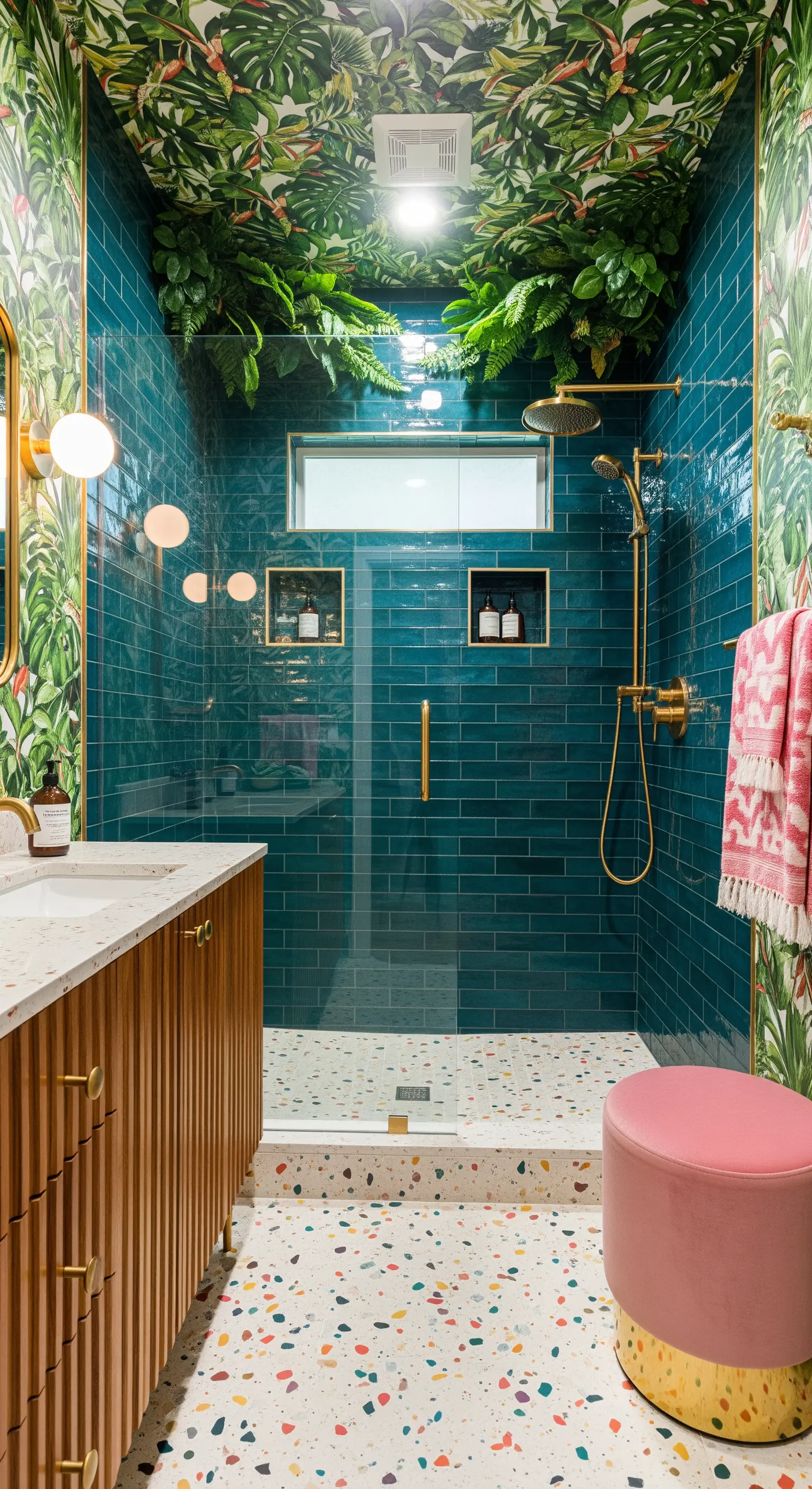 Farbenfrohes Badezimmer mit Dschungel-Tapete, grünen Fliesen und Terrazzoboden