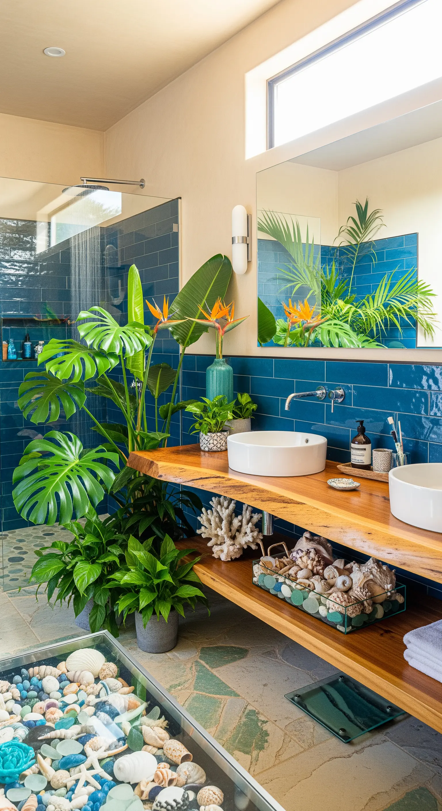 Tropisches Badezimmer mit großen Pflanzen, Live-Edge-Waschtisch, blauen Fliesen und Muschel-Boden.
